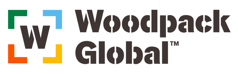 Woodpack Global logo with colorful square brackets around a 'W' and the company name in bold black text