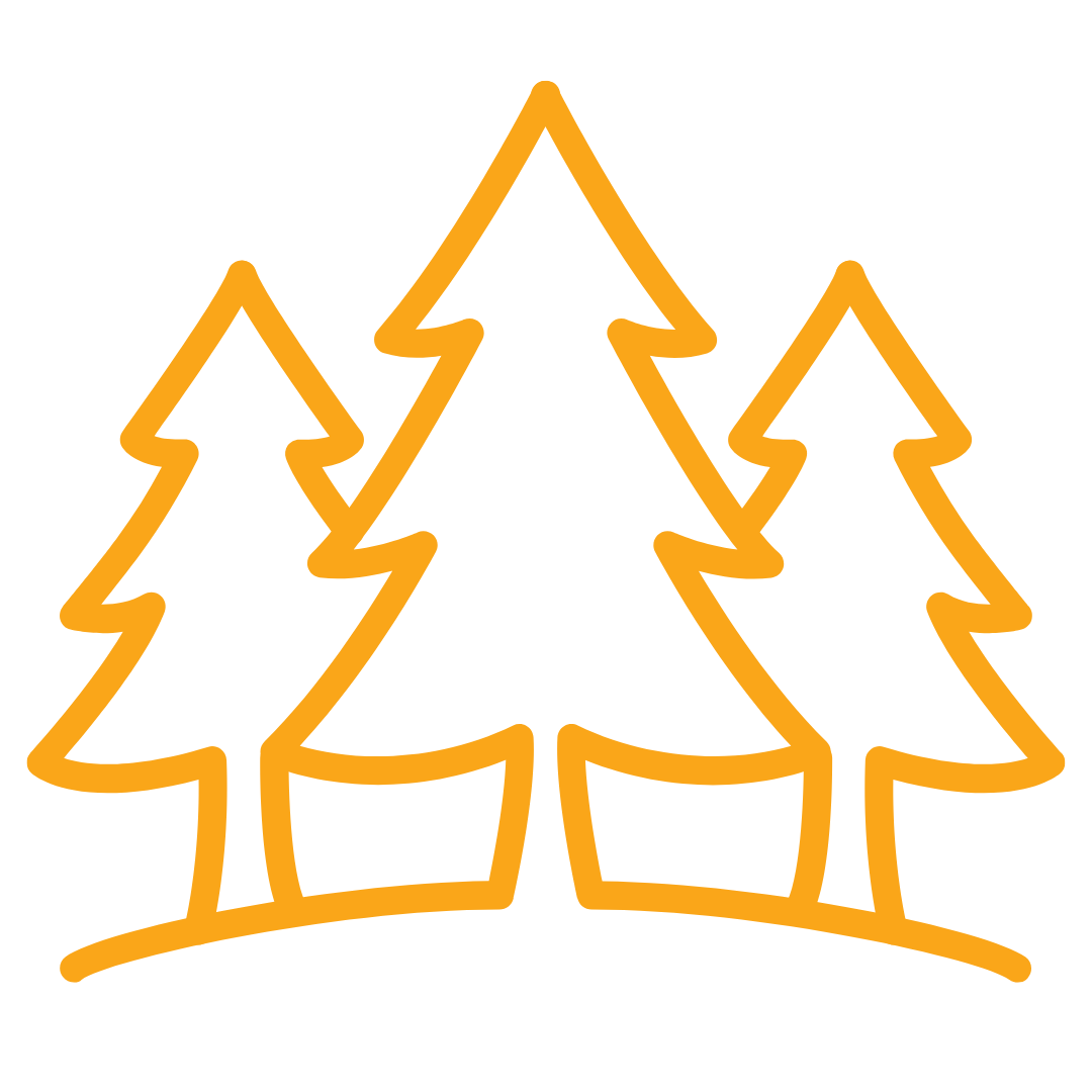 Neon outline of three pine trees in orange color.