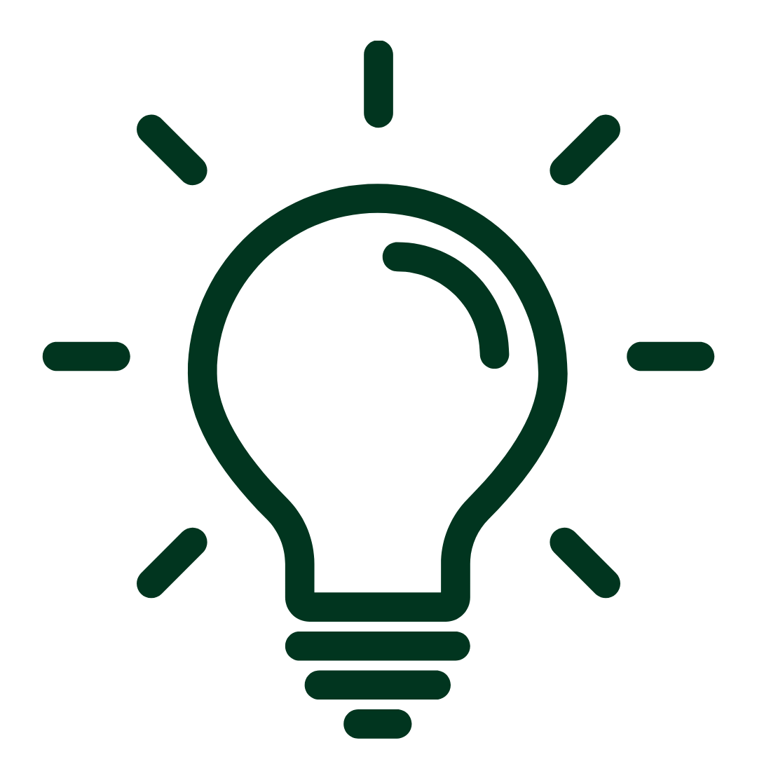 Outline of a light bulb with light rays emanating from it.