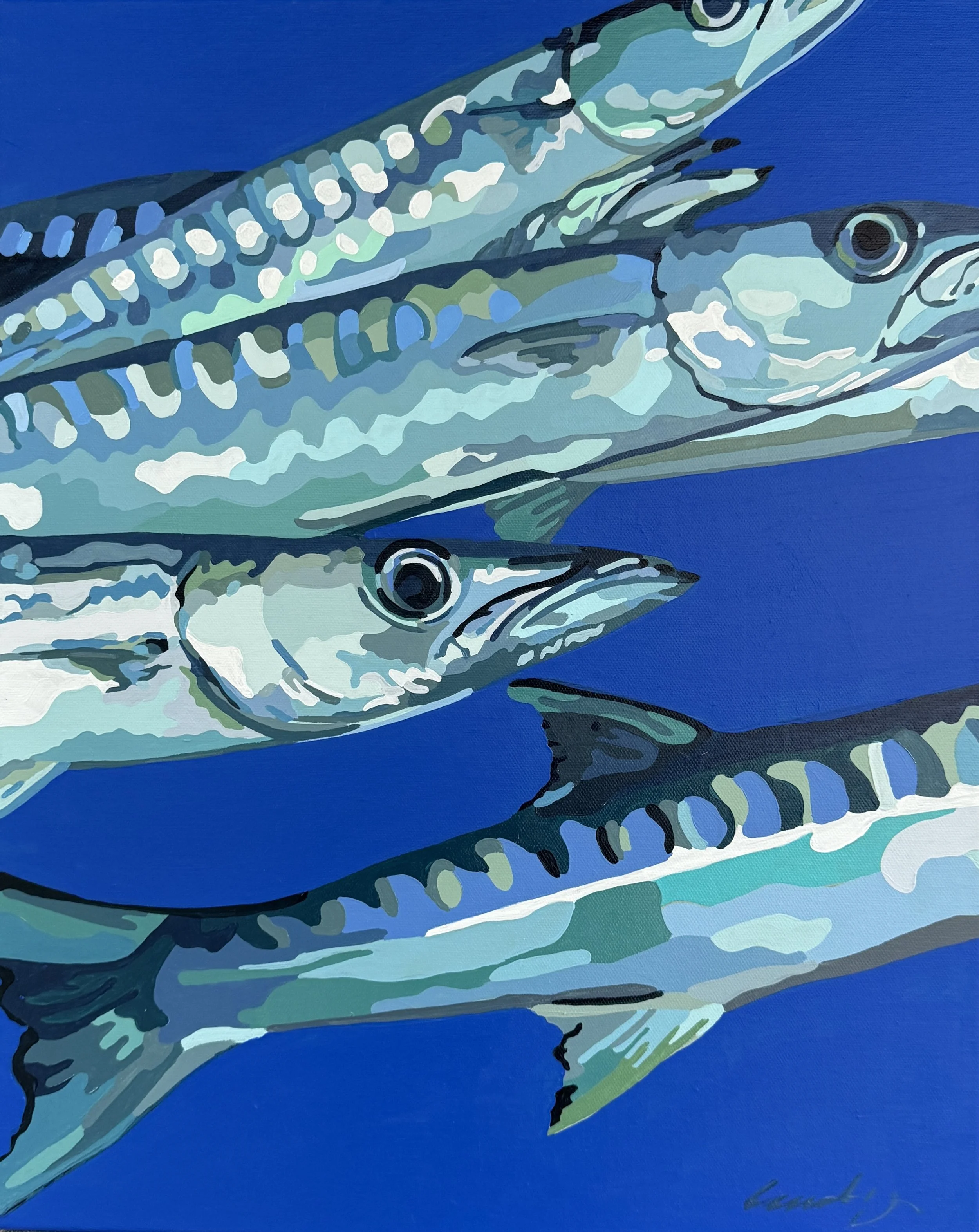 Live Stream, abstract saltwater painting featuring several fish in cool blue and turquoise tones