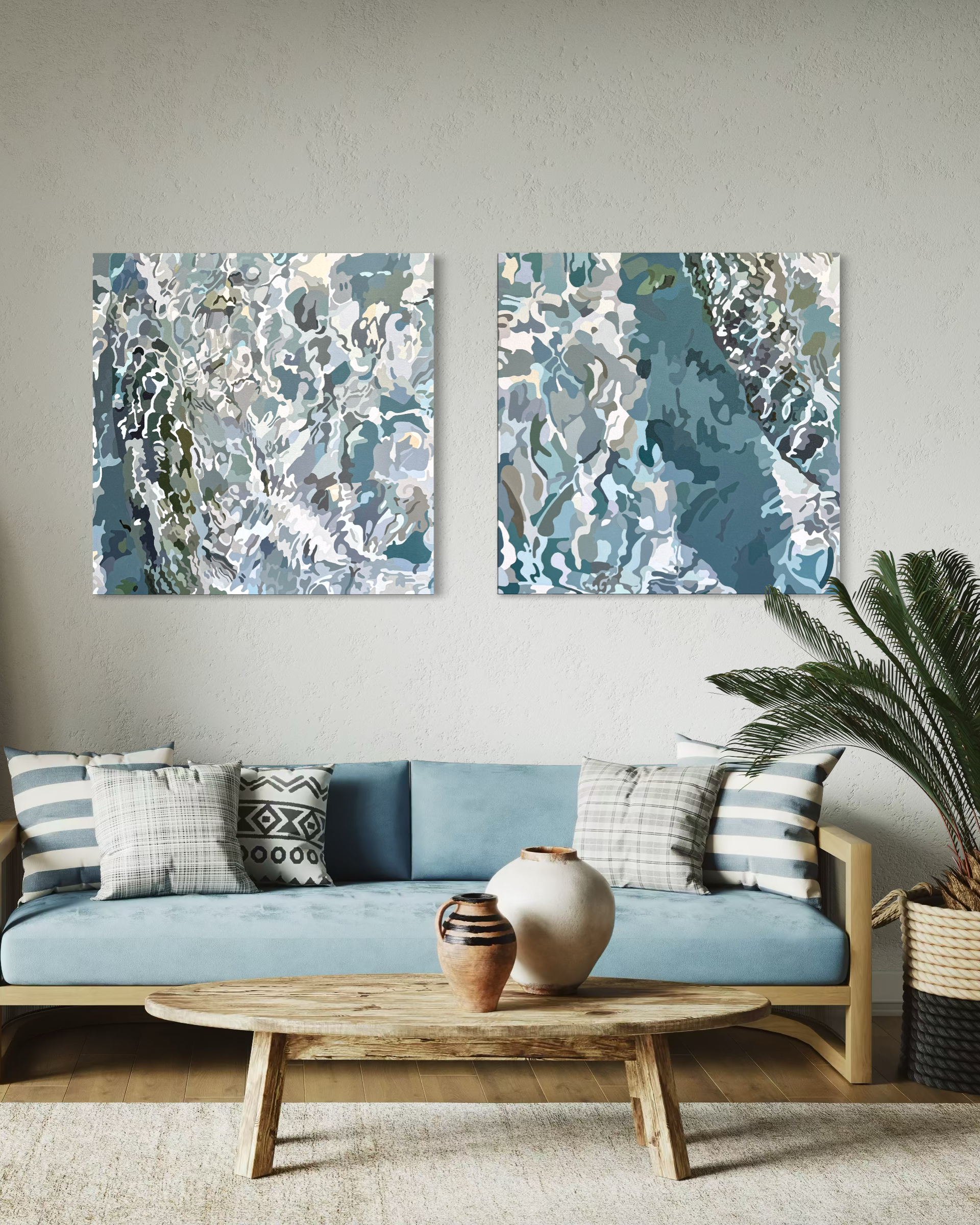 Skinny Water Sniper, a diptych of abstract bonefish and water details in olive, green, gray, and black