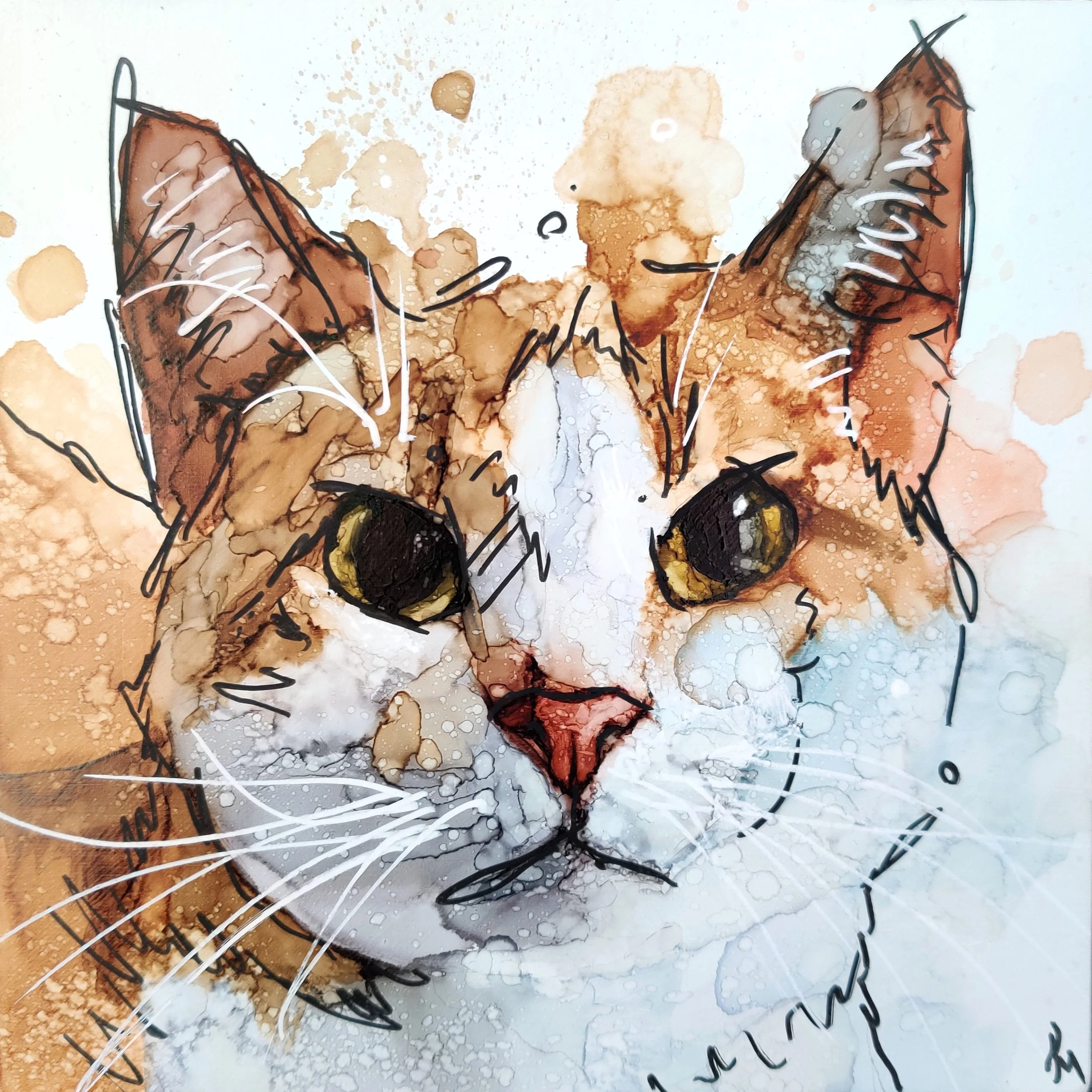 Orange white cat, alcohol inks and pens 