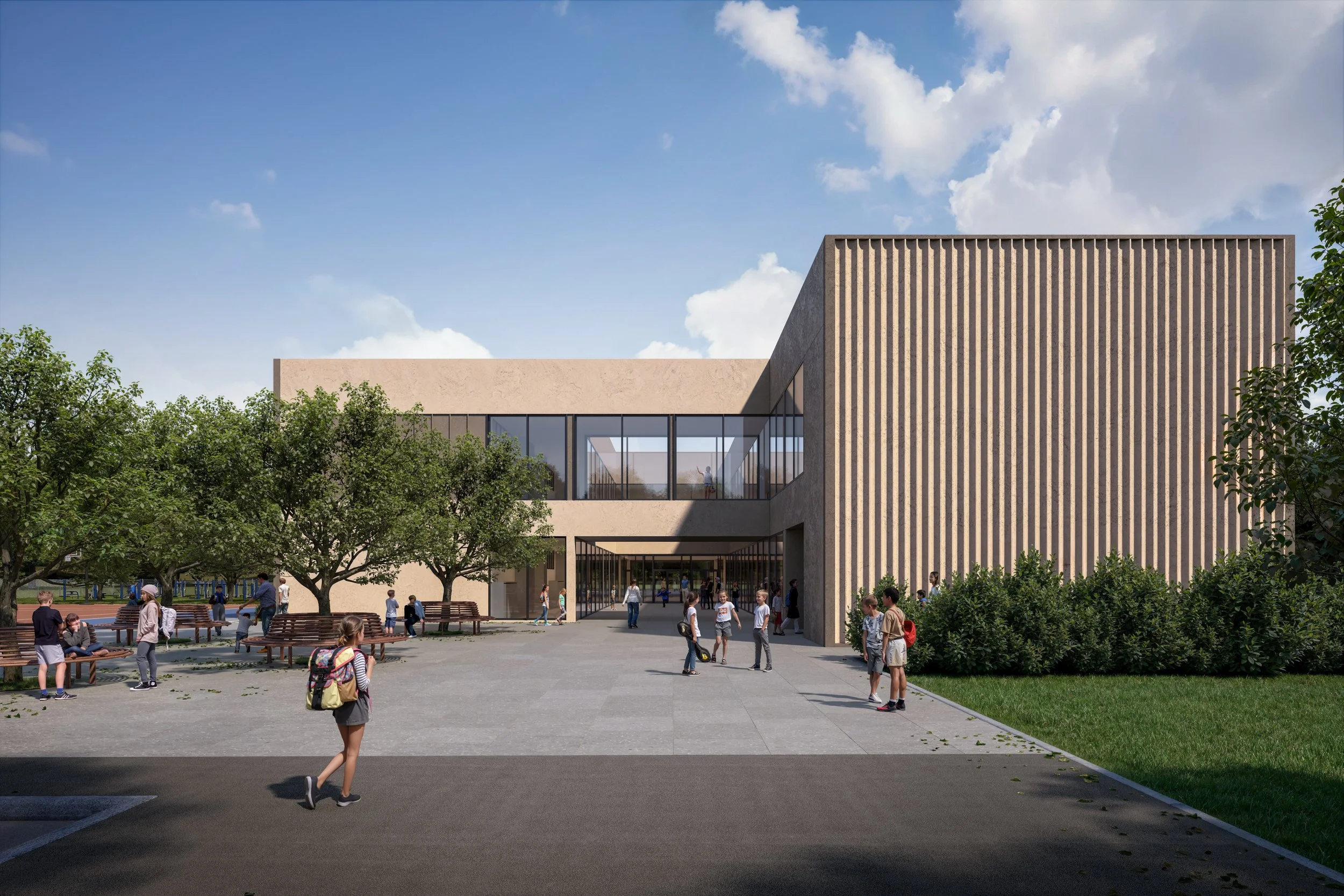 A modern school building with a beige facade, large glass windows, and a mix of vertical and flat surface textures. It is surrounded by trees, benches, and students walking or standing in the schoolyard.
