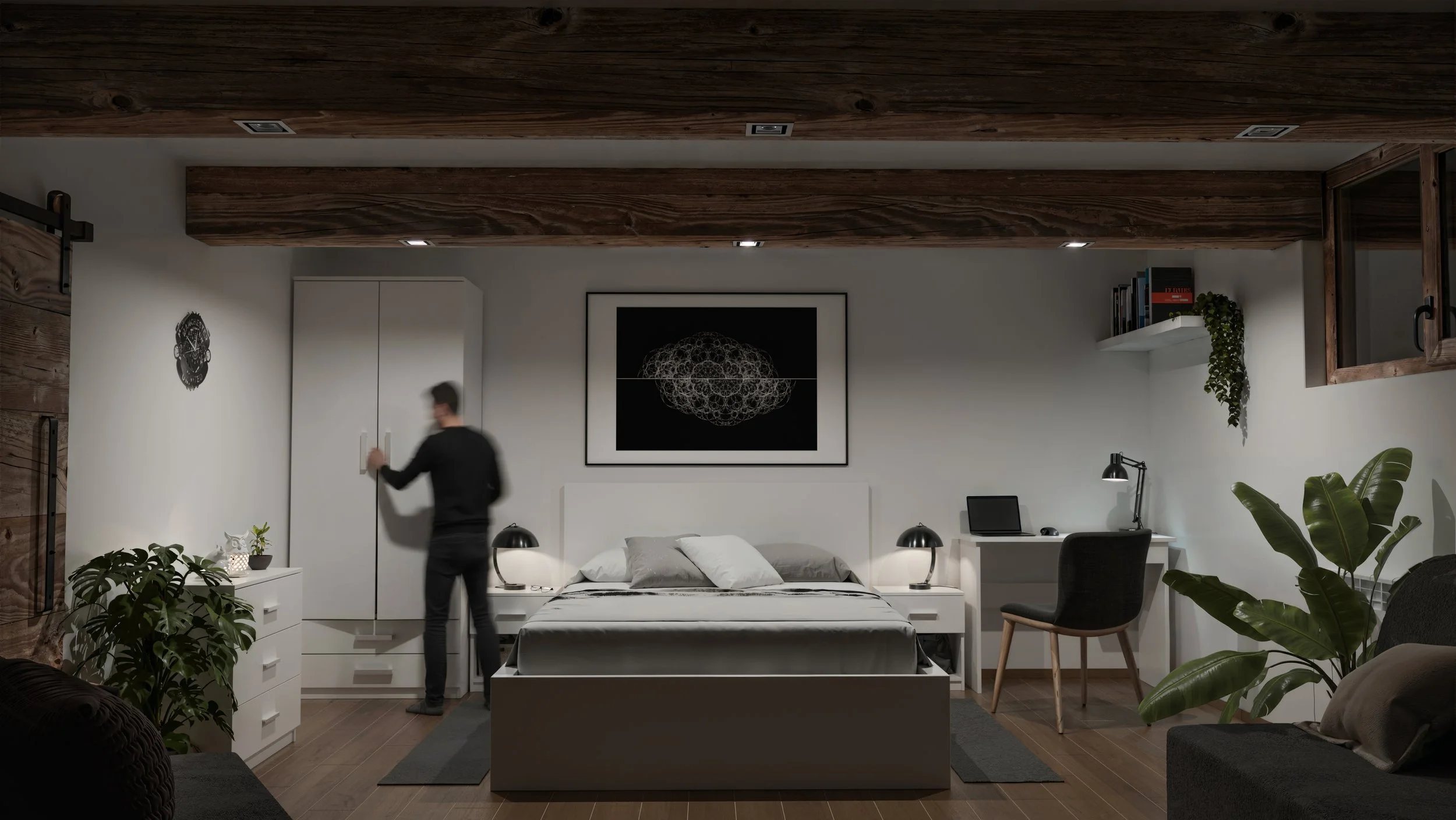 Modern bedroom with white bed, black and white artwork above, nightstands with lamps, a person opening a wardrobe, desk with a laptop, black chair, and various green plants, including a large monstera.