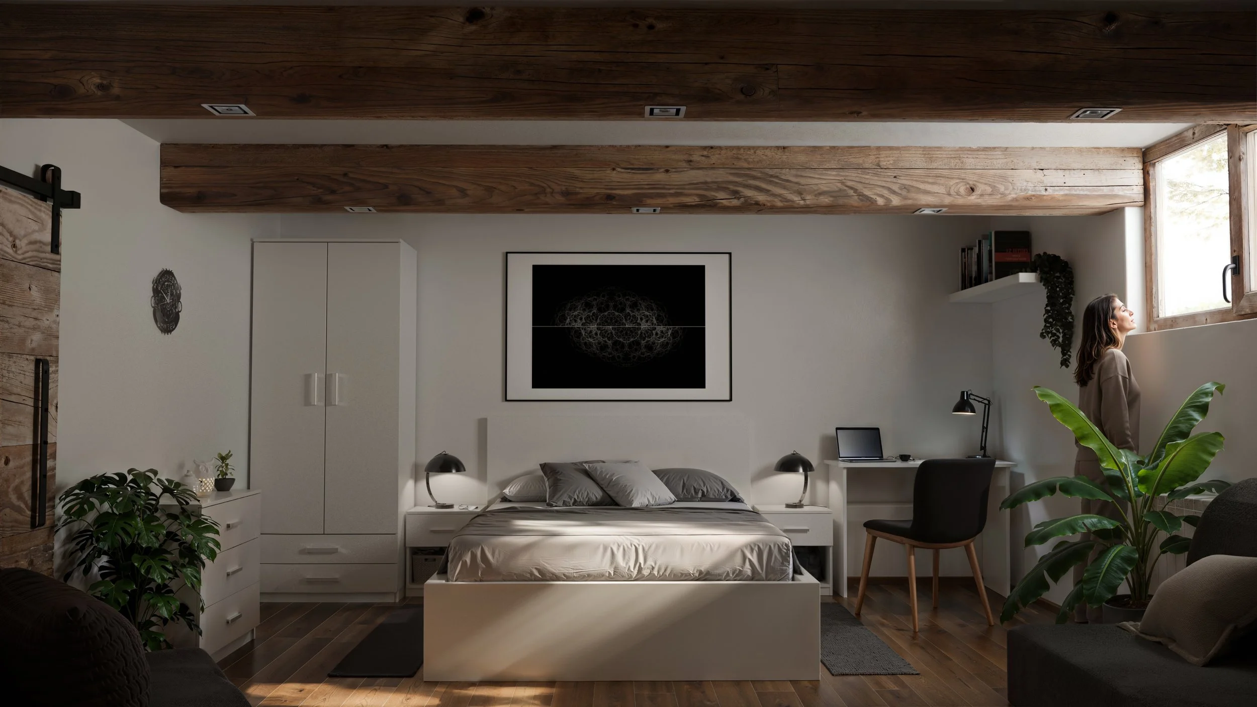 Woman standing by window in a modern bedroom with white walls, wooden ceiling beams, and minimal decor.