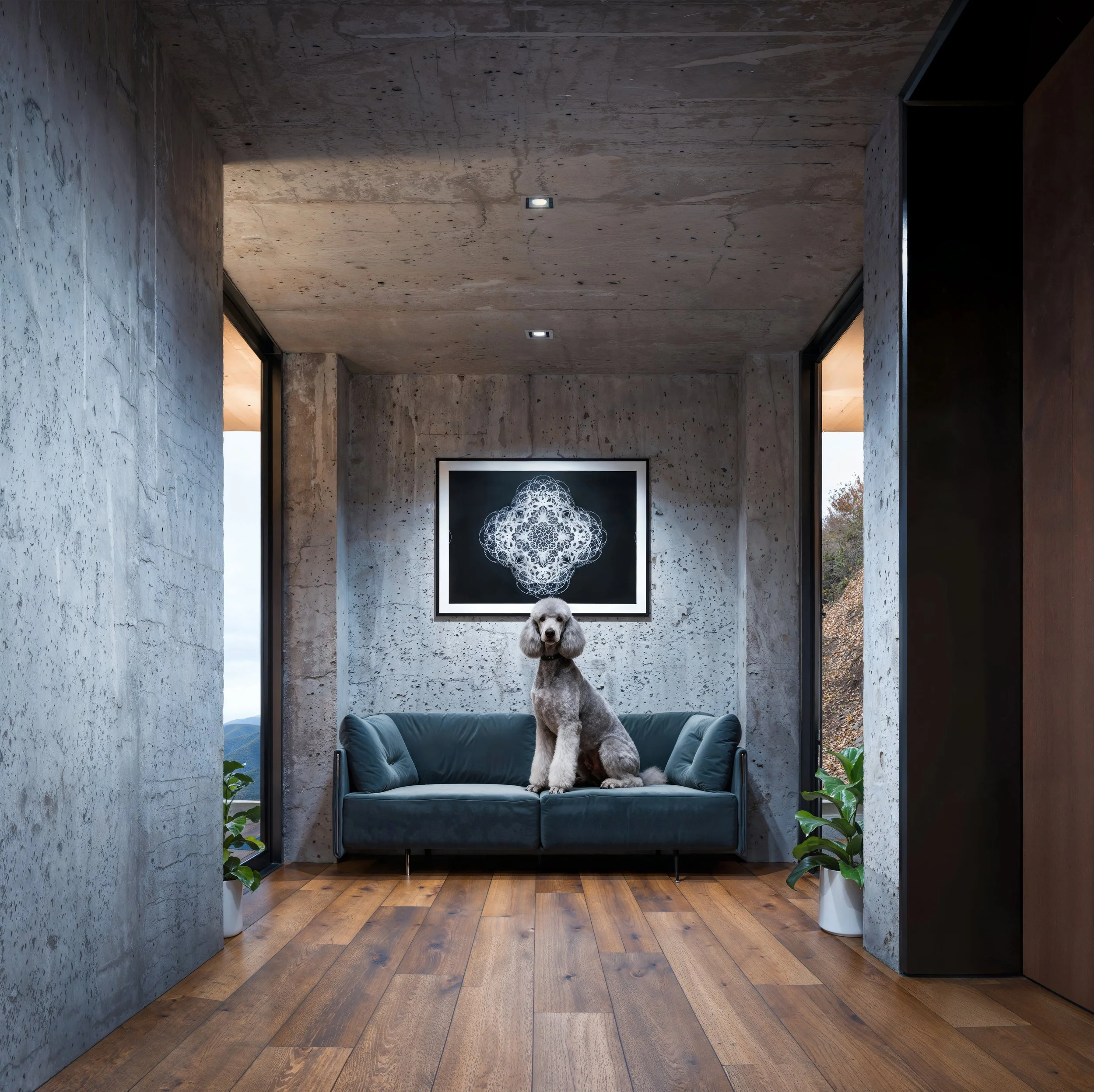 A gray poodle sitting on a teal sofa in a modern, concrete-walled living room with wooden floor, flanked by potted plants, with an abstract black-and-white art piece on the wall behind.