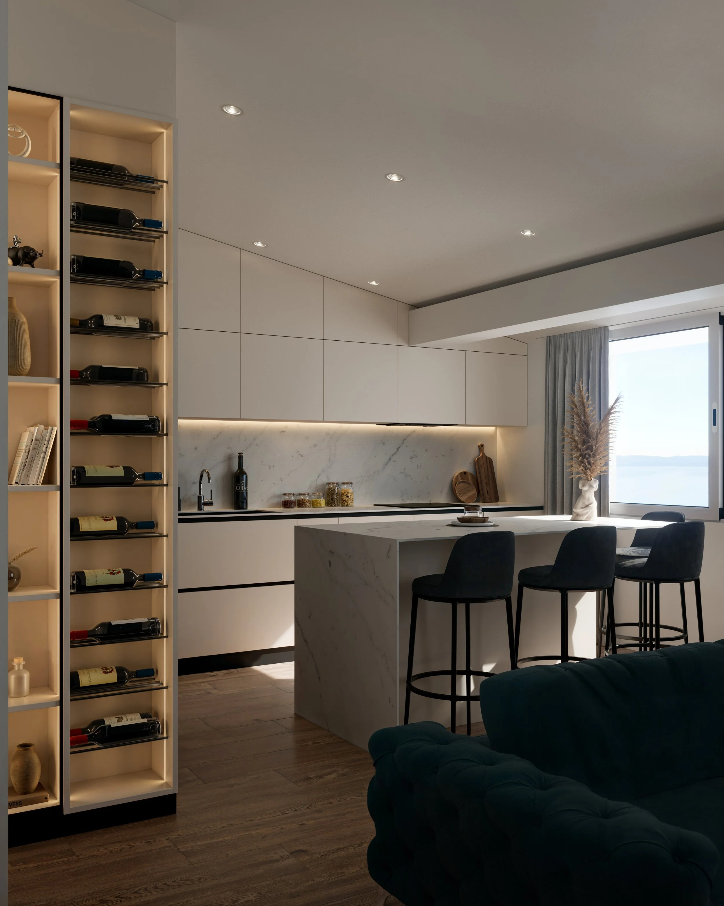 Modern kitchen with white cabinetry, marble backsplash, marble island, black chairs at the island, a large window with a view, and a wine rack to the left.