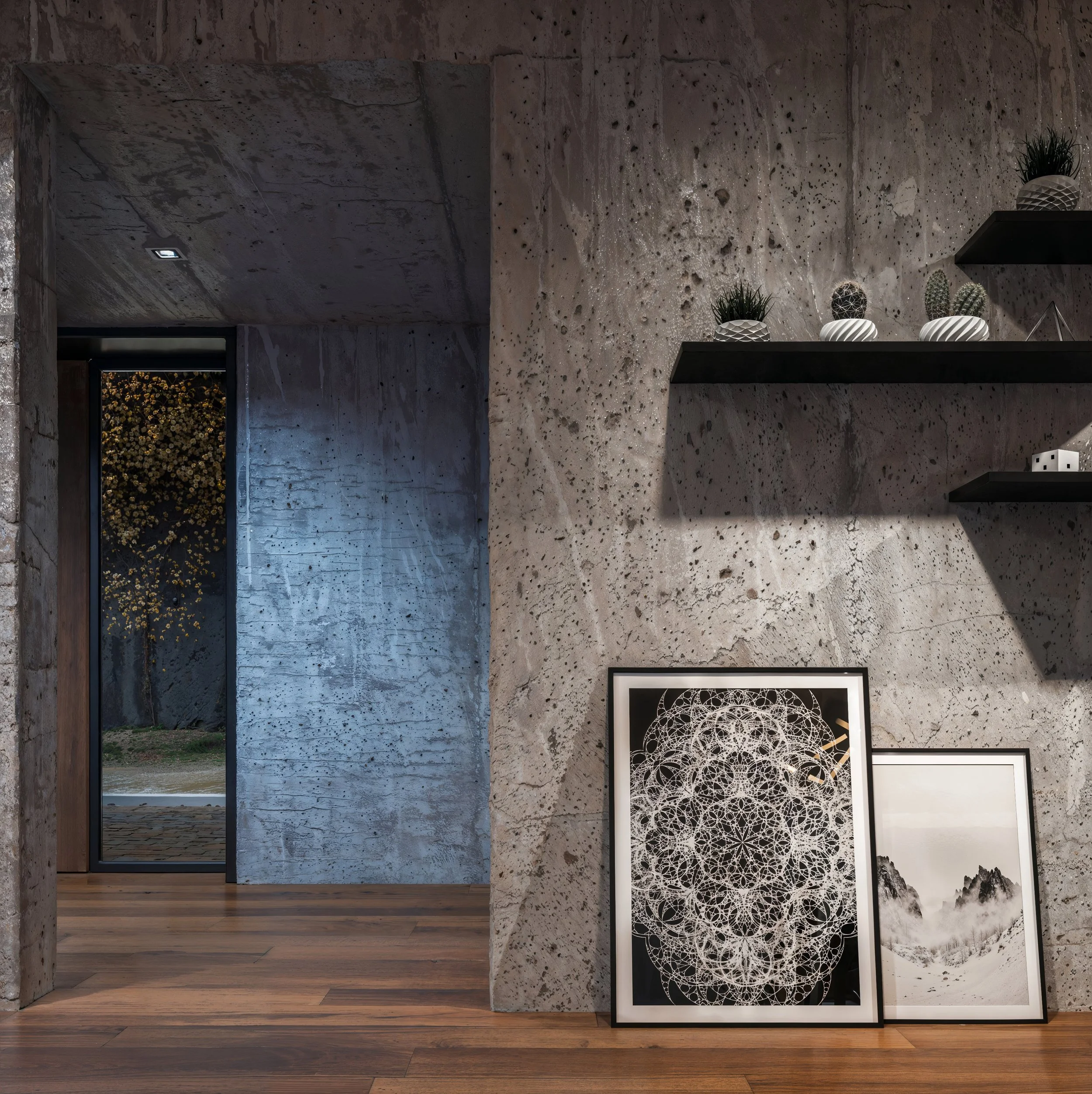 Interior of a modern home with a concrete wall and wooden floor, featuring two framed black-and-white art prints leaning against the wall and three small potted plants on black floating shelves.