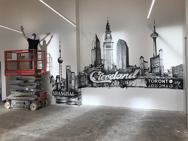 In progresso! ROCKIN this mural for a company out in Solon, representing the main cities of their offices. Cleveland, Toronto, Shanghai, and London coming soon! The bottom empty space is where cabinets will be. The sky is gonna have puffy clouds. ☁️ 