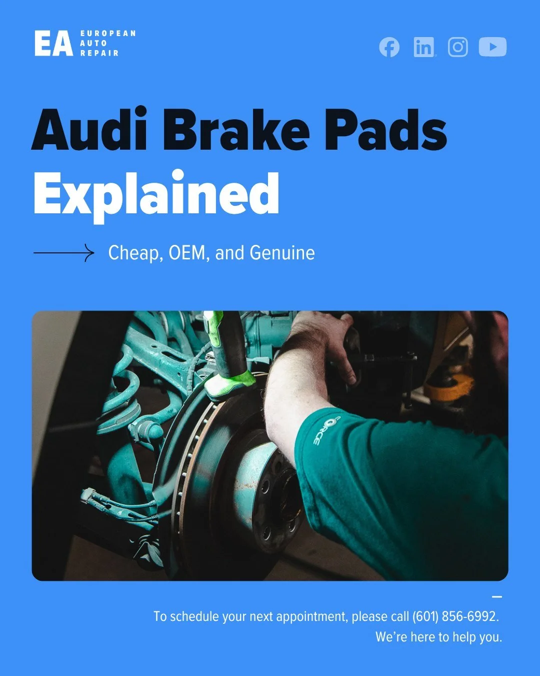 Three brake pad tiers for your Audi: 

- Cheap (+/- $40) - noise, dust, won't last. 
- OEM (+/- $120) - what we install, factory performance. 
- Genuine Audi (+/- $200) - same pad, dealer markup. 

We educate, you decide. Quality work starts with qua