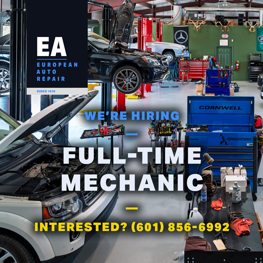 We're hiring a full-time mechanic. If you know what you're doing with a Mercedes, BMW, Audi, or Land Rover, come talk to us. We've had guys here 15, 20, 45 years. That doesn't happen by accident. You work with us, not for us. Call (601) 856-6992. Ask