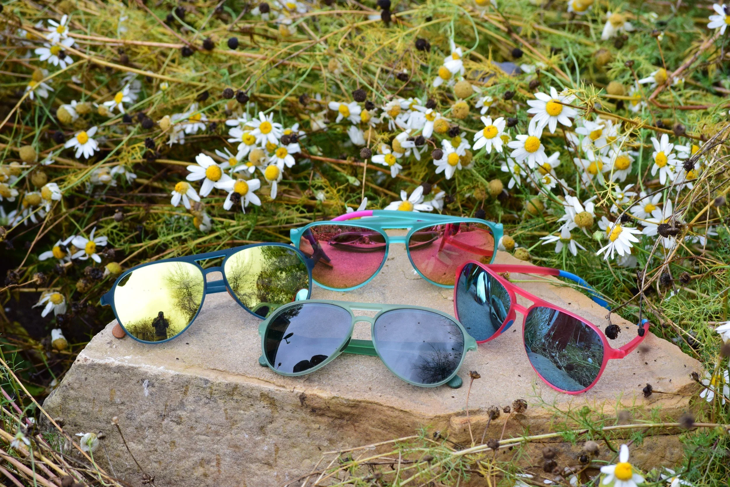Das Optics Deputy polarized aviator sunglasses in Twilight Blue, Pine, Delta Lake Teal, and Alpenglow on a rock among wildflowers