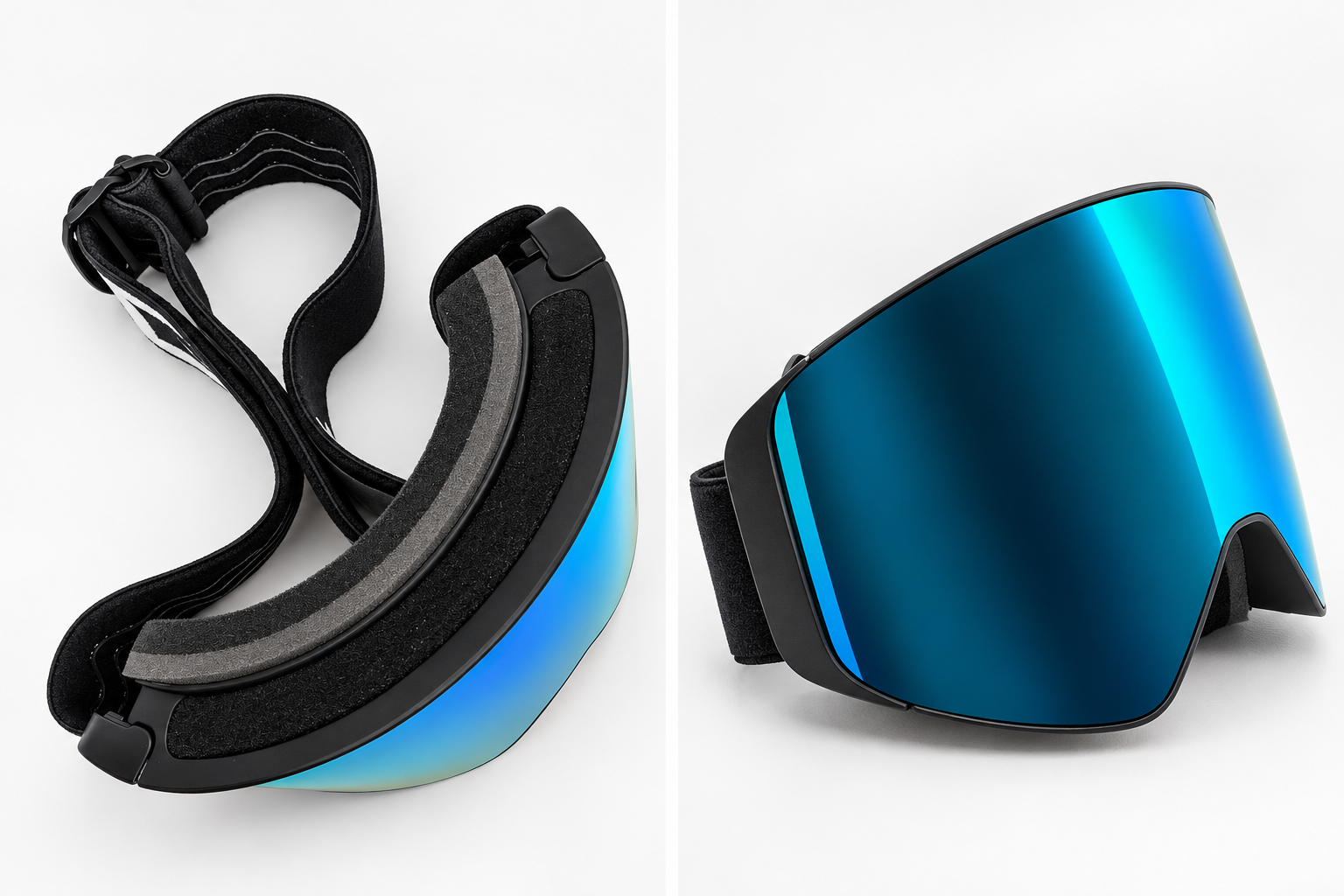 Das Optics Second Turn goggles with blue mirror magnetic lens, top and three-quarter views