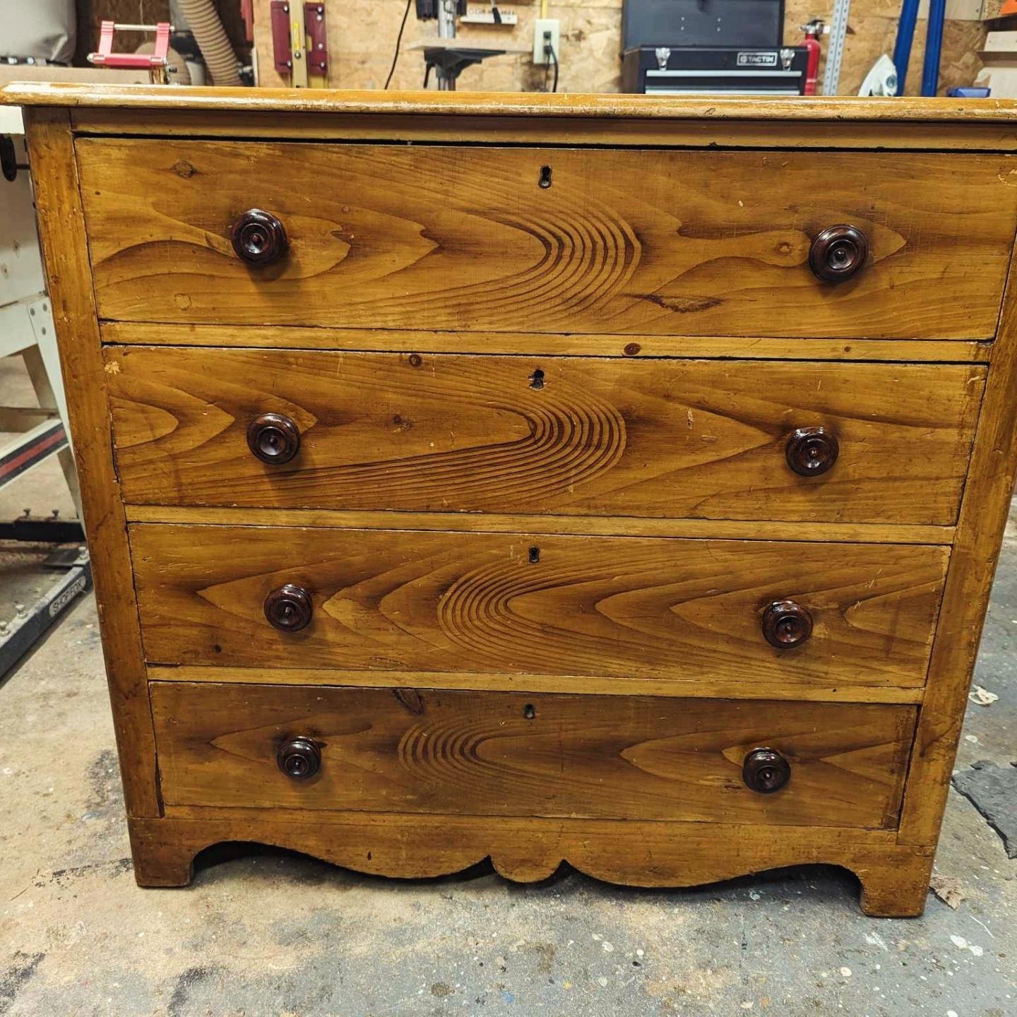 Rustic antique pine bureau with grain painting detail. I took apart the drawers and reglued them.  No other work done. Love the original dovetail joinery.  The last photo shows where the maker had started to cut a joint in the wrong place. 1840s-1850