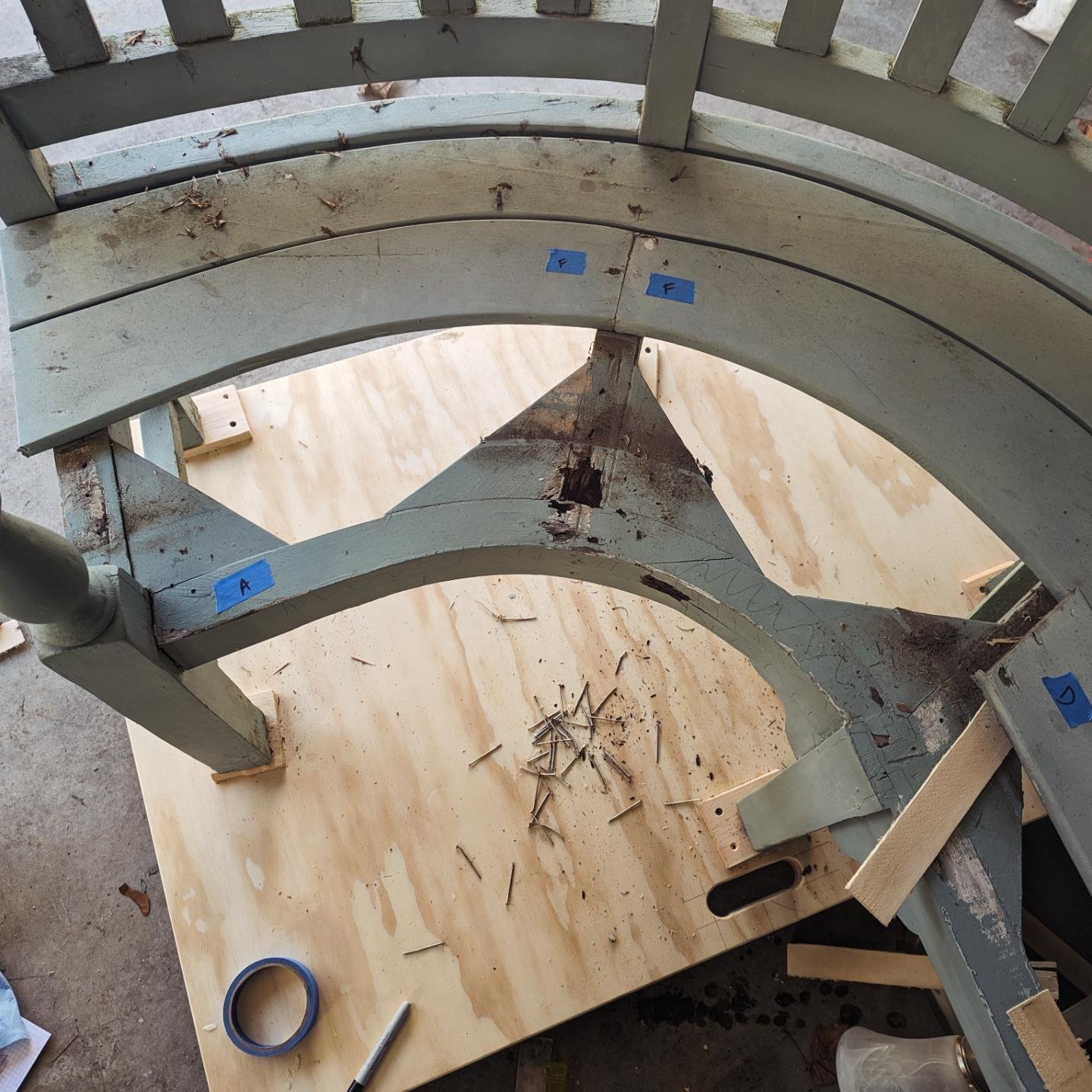 Repairing a ~100 year old outdoor bench. Lots more than this got fixed, including gluing back together several loose parts and making a new front row for the seat. I've got it sealed up and painted and will have the completed pictures soon!

#furnitu