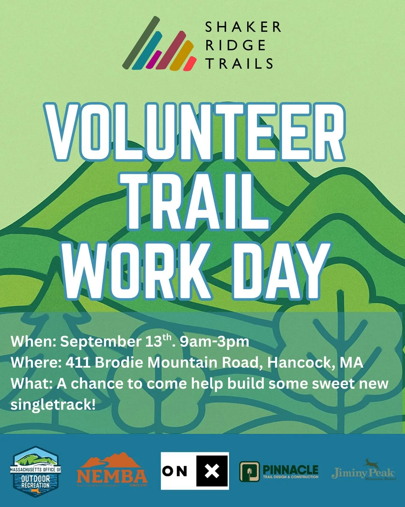 Join us for a Trail Work Day on Saturday, Sept. 13th (9am&ndash;3pm)! 💪 We&rsquo;ll be out building a brand-new section of hand-built singletrack. Some tools will be provided, though we suggest you bring mattocks, picks, mcleods, leaf rakes, or lopp