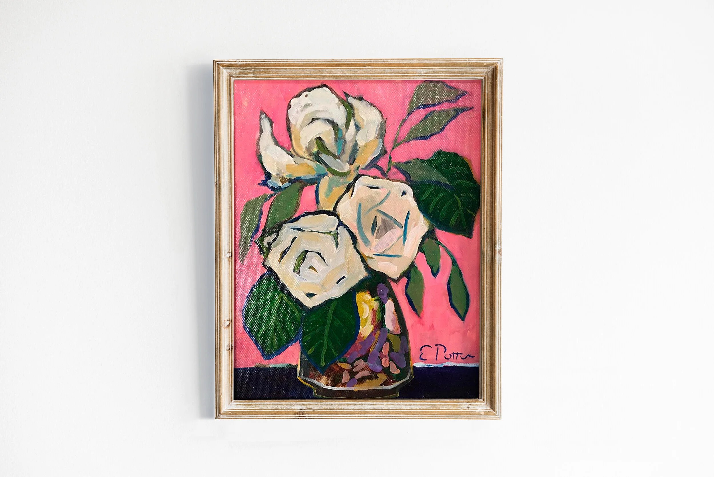 WHITE FLOWERS ON A PINK WALL