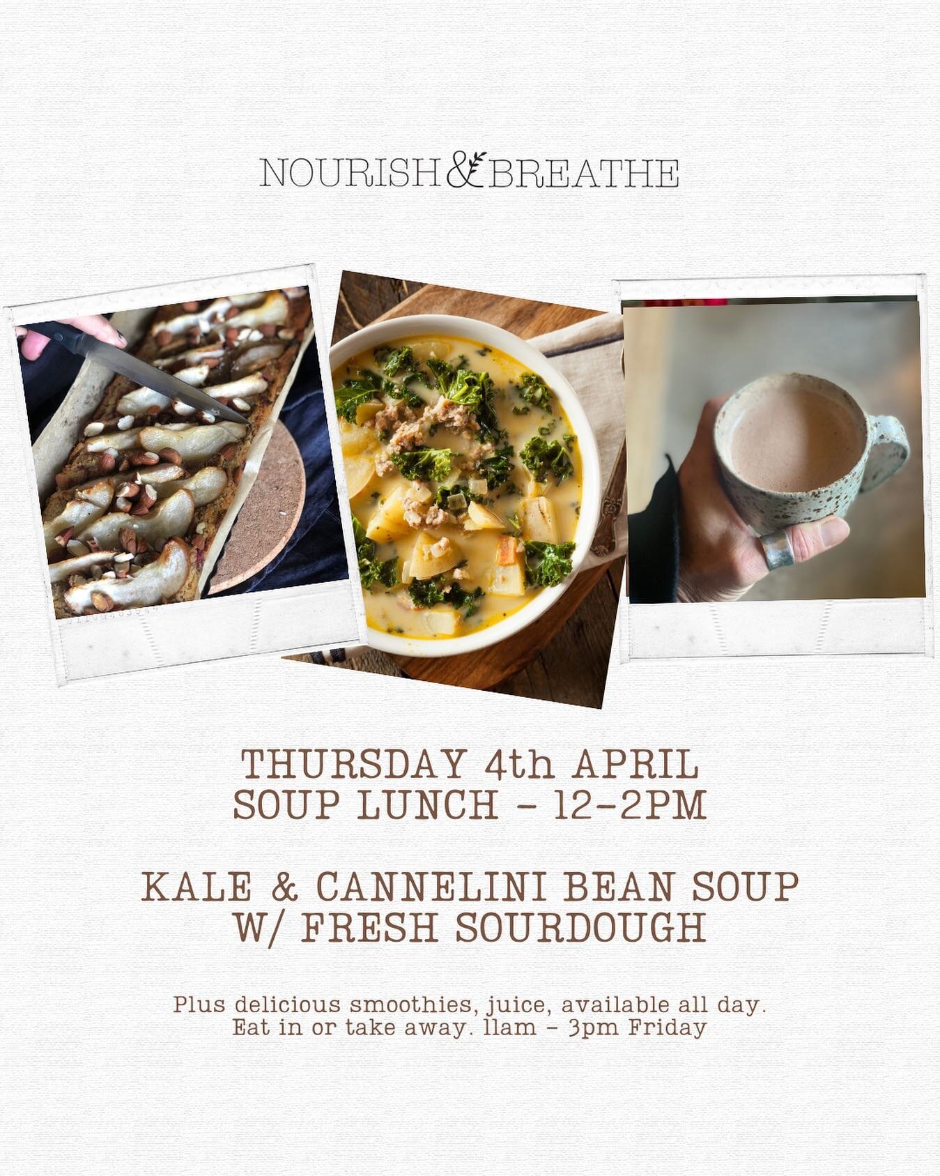N&amp;B KITCHEN

Thursday 4th April |12-2pm
Soup Lunch 

Kale &amp; Cannelini Bean Soup
w/ fresh sourdough 

(Until it&rsquo;s all gone 😀)

@dairy_road 

#nourishandbreathe #wholefood #nourish #canberrafood