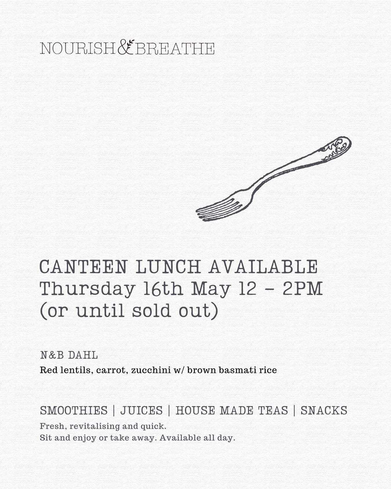 🍴N&amp;B Lunch
Thursday 16th May 12-2pm
(Or until sold out)

Dahl w/ brown basmati and broccolini

Drop by for your nourishing weekly lunch 

@dairy_road 

#nourishandbreathe #nourish #canberrafood #wholefoods #dahl