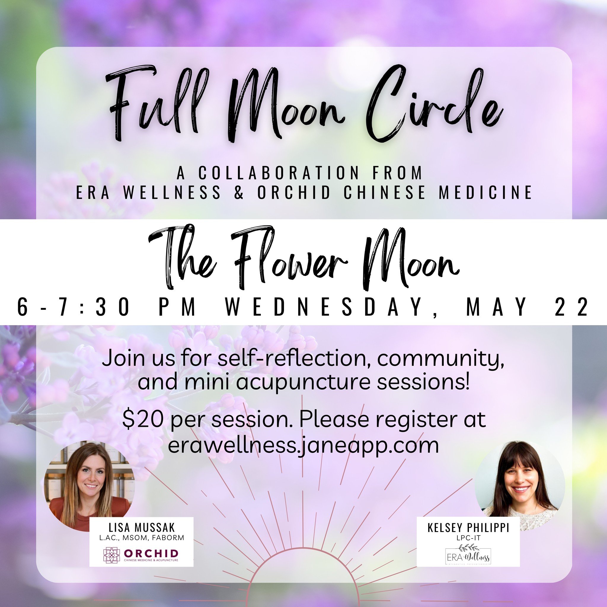 🌸 Our May Full Moon Circle is coming up on Wednesday, May 22! 🌸

Join Kelsey and Lisa @orchidchinesemed to learn about the Flower Moon! Trust us - these sessions are truly magical. ✨

Each Full Moon Circle is $20 and includes light snacks and a min
