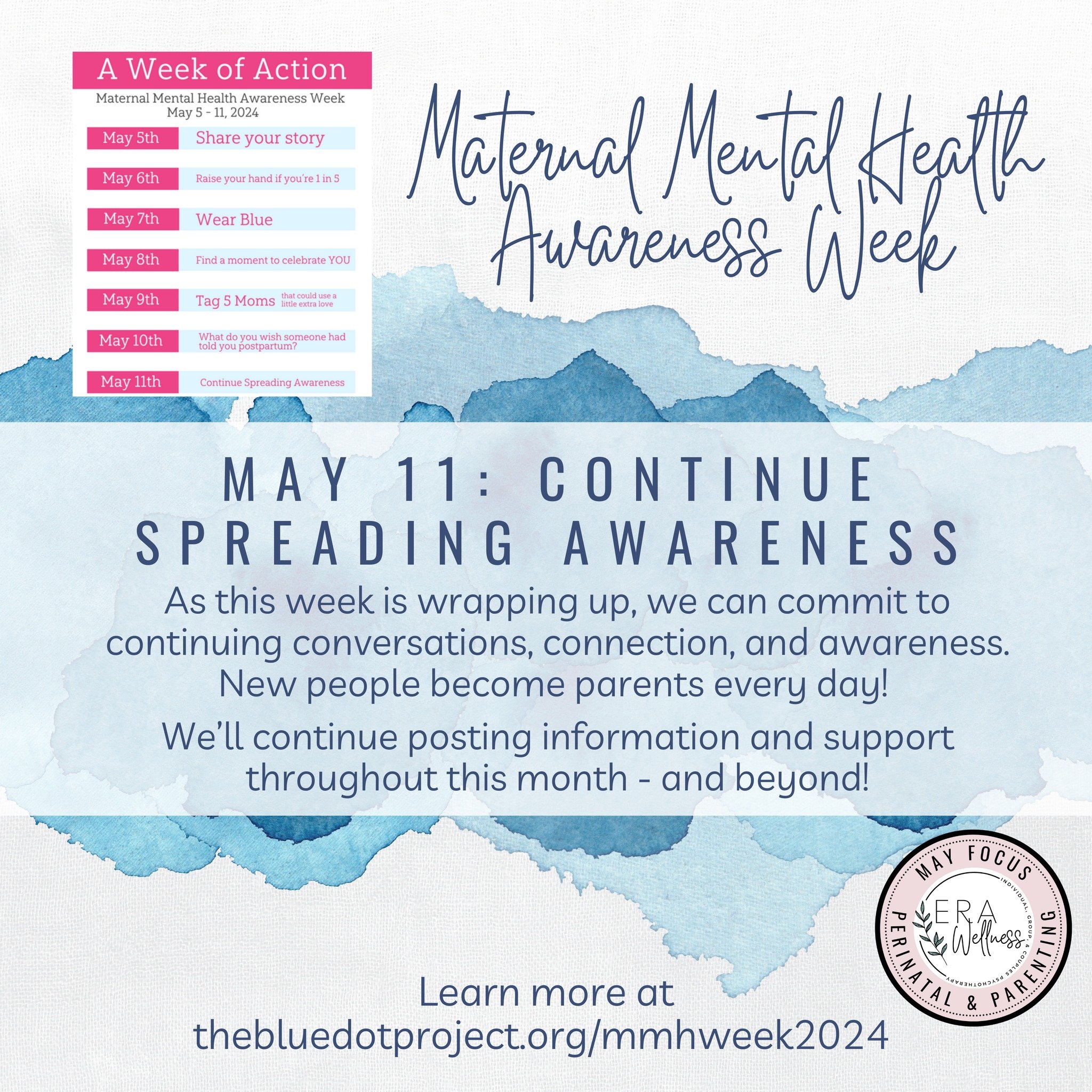 💙 Maternal Mental Health Week 2024 - Storytelling Saves Lives 💙

Saturday, May 11: Continue Spreading Awareness

As this week is wrapping up, we can commit to continuing conversations, connection, and awareness. New people become parents every day!