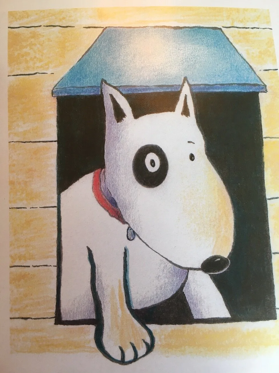  Lola climbing out of doggie door - From children's book “Lola Finds Her Way”&nbsp; (unpublished). Pen &amp; ink, colored pencils. 