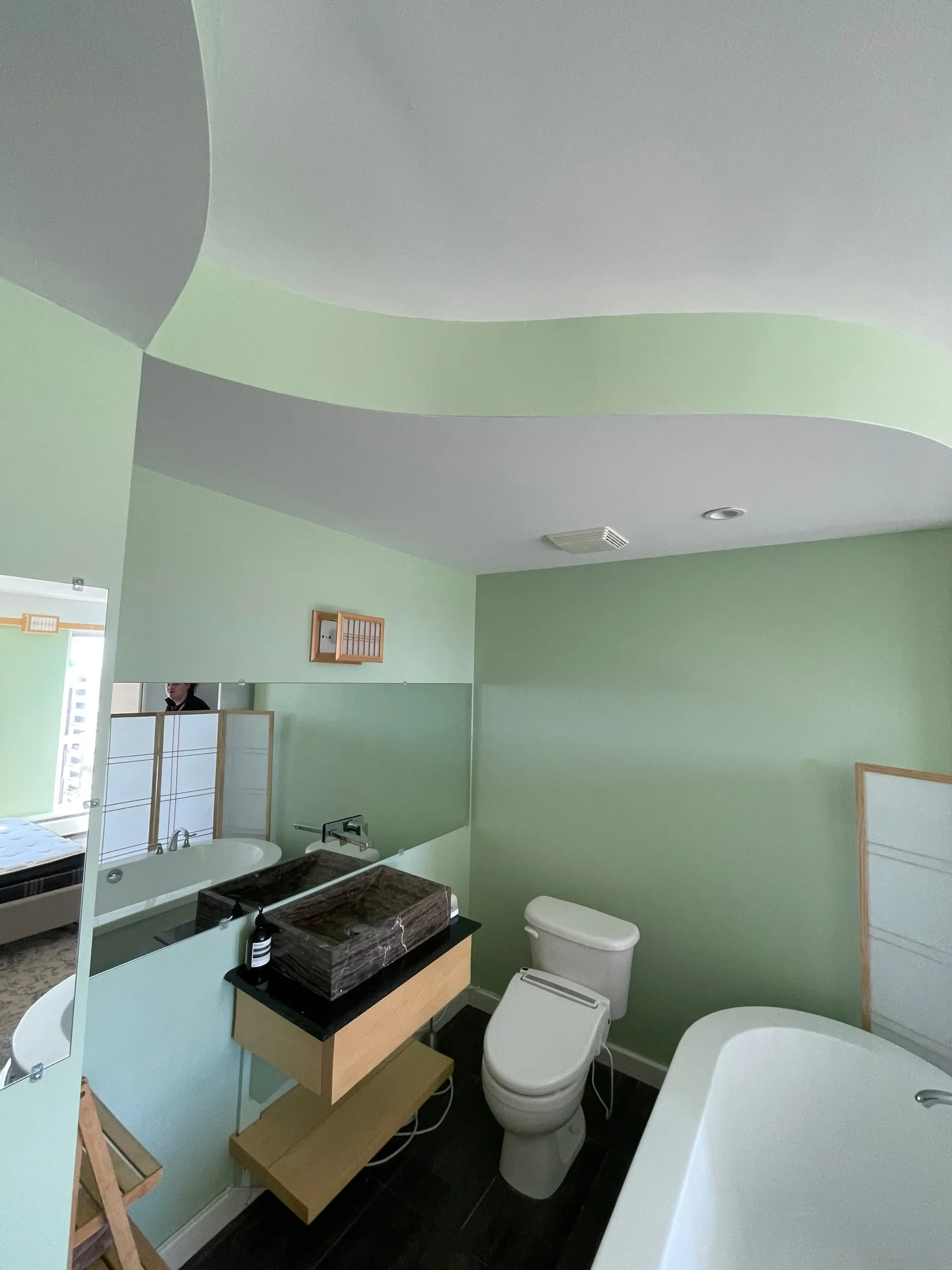 Bathroom with light green walls, a white toilet, a black counter with two brown marble sinks, a mirror, and a partial view of a bathtub.