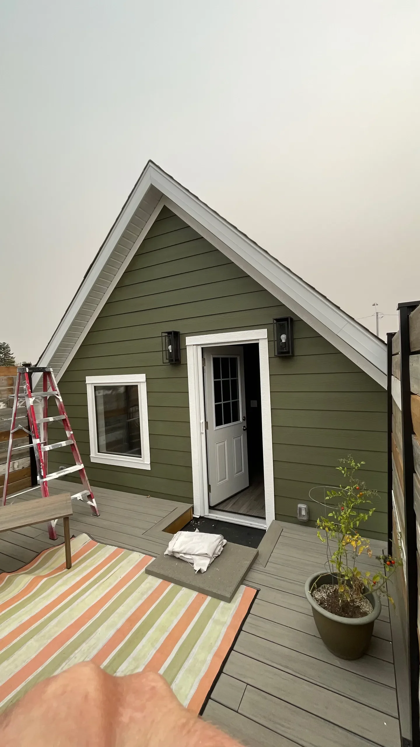 A small green house with a gable roof, white trim, a door with a window, and a small deck with a potted plant and a ladder outside on an overcast day.