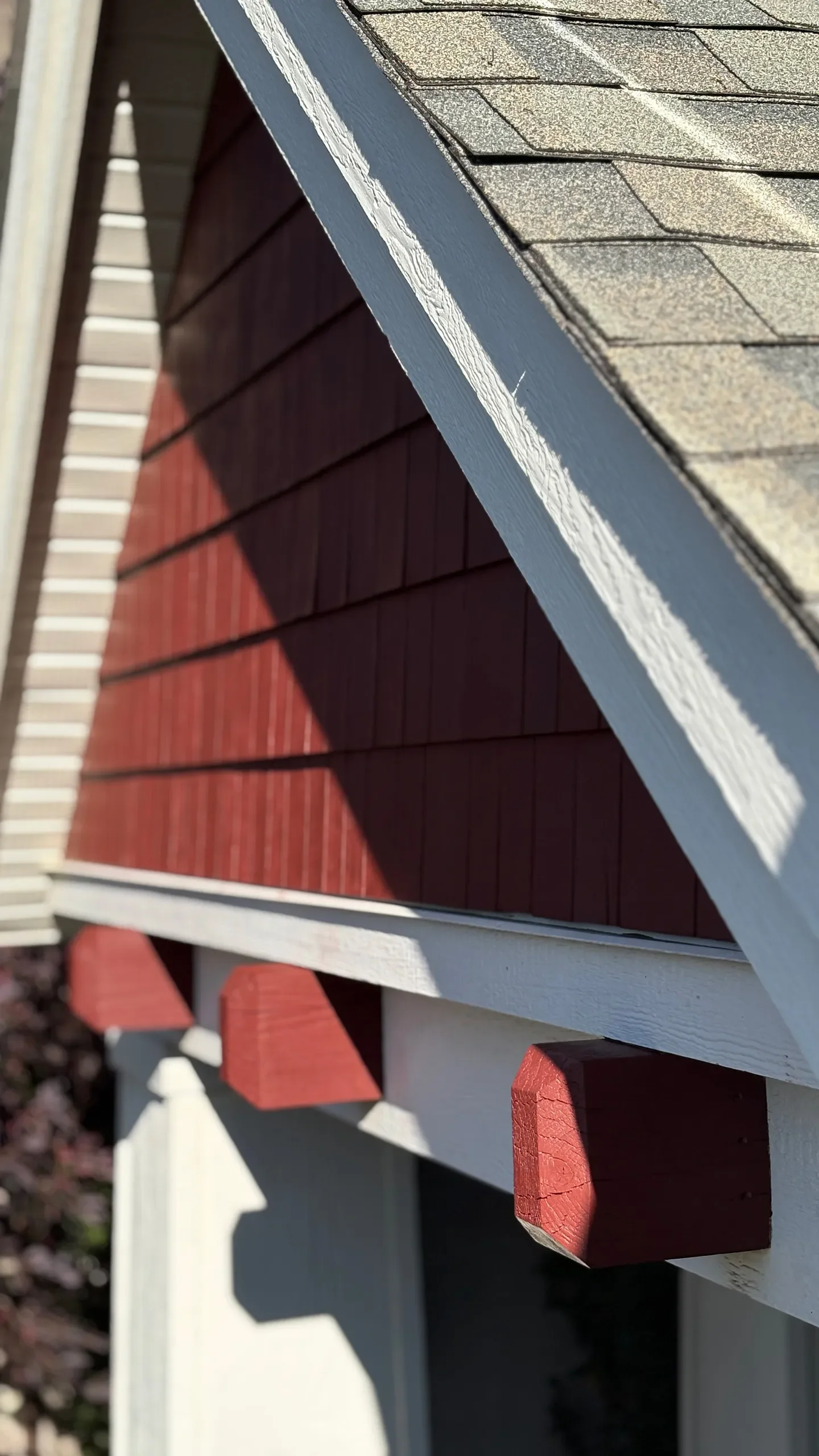 Close-up of the underside of a house's roof with brown shingles, white trim, and red structural support beams, casting shadows.