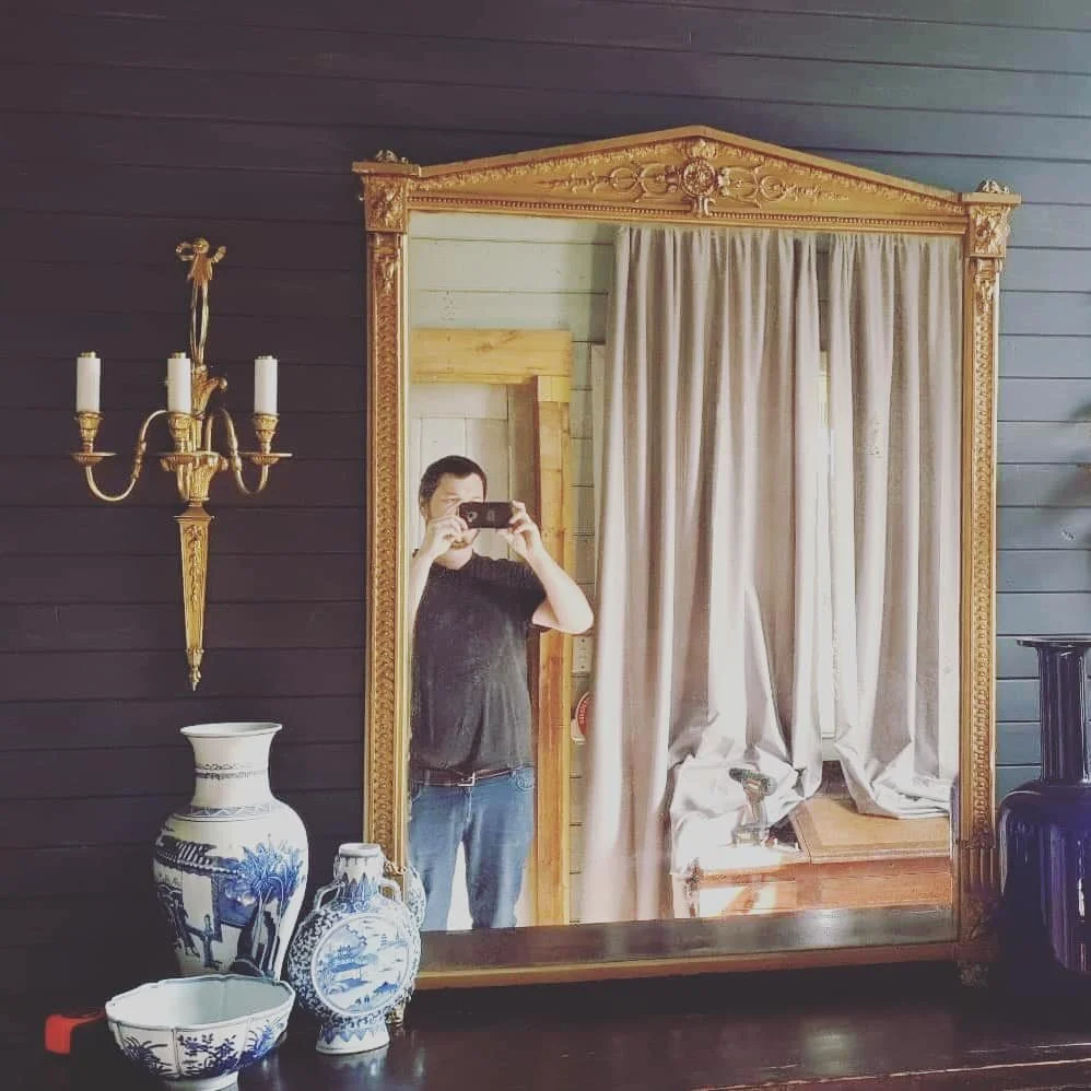Front entry nearly decorated.  Louis XVI sconce and mirror salvaged from the Kyneton coffee palace with porters squid ink.