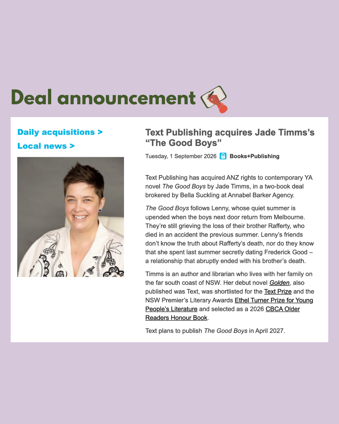 Deal announcement: Text Publishing acquires Jade Timms’ The Good Boys