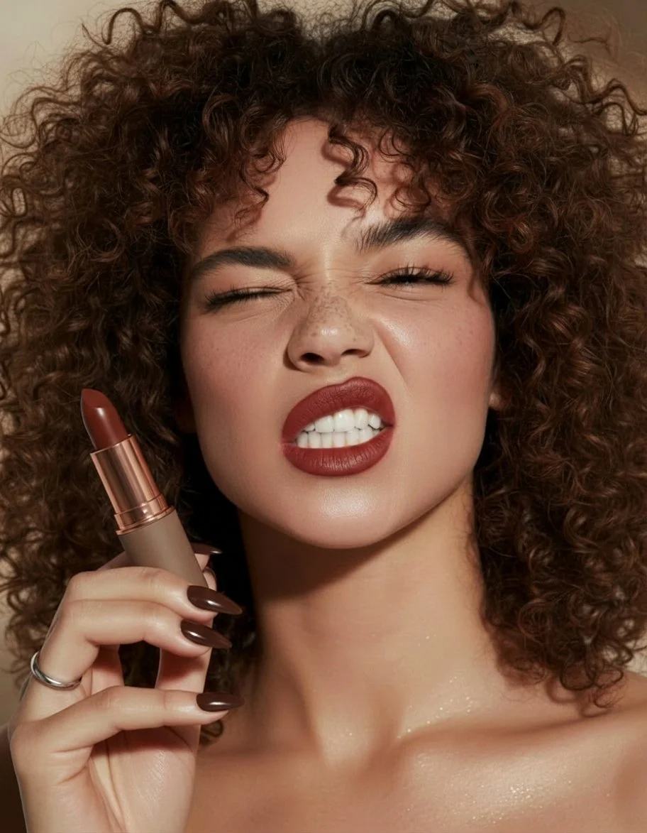 Model wearing chocolate brown matte lipstick and matching dark nail polish.