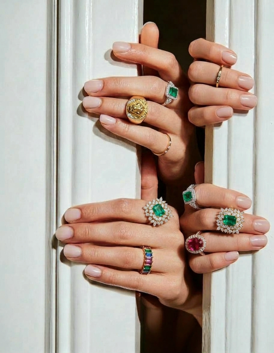 Close-up of hands wearing gold rings with emeralds, rubies, and diamonds.