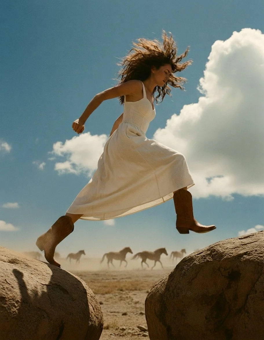 Woman jumping over rocks wearing a white linen dress and brown cowboy boots.