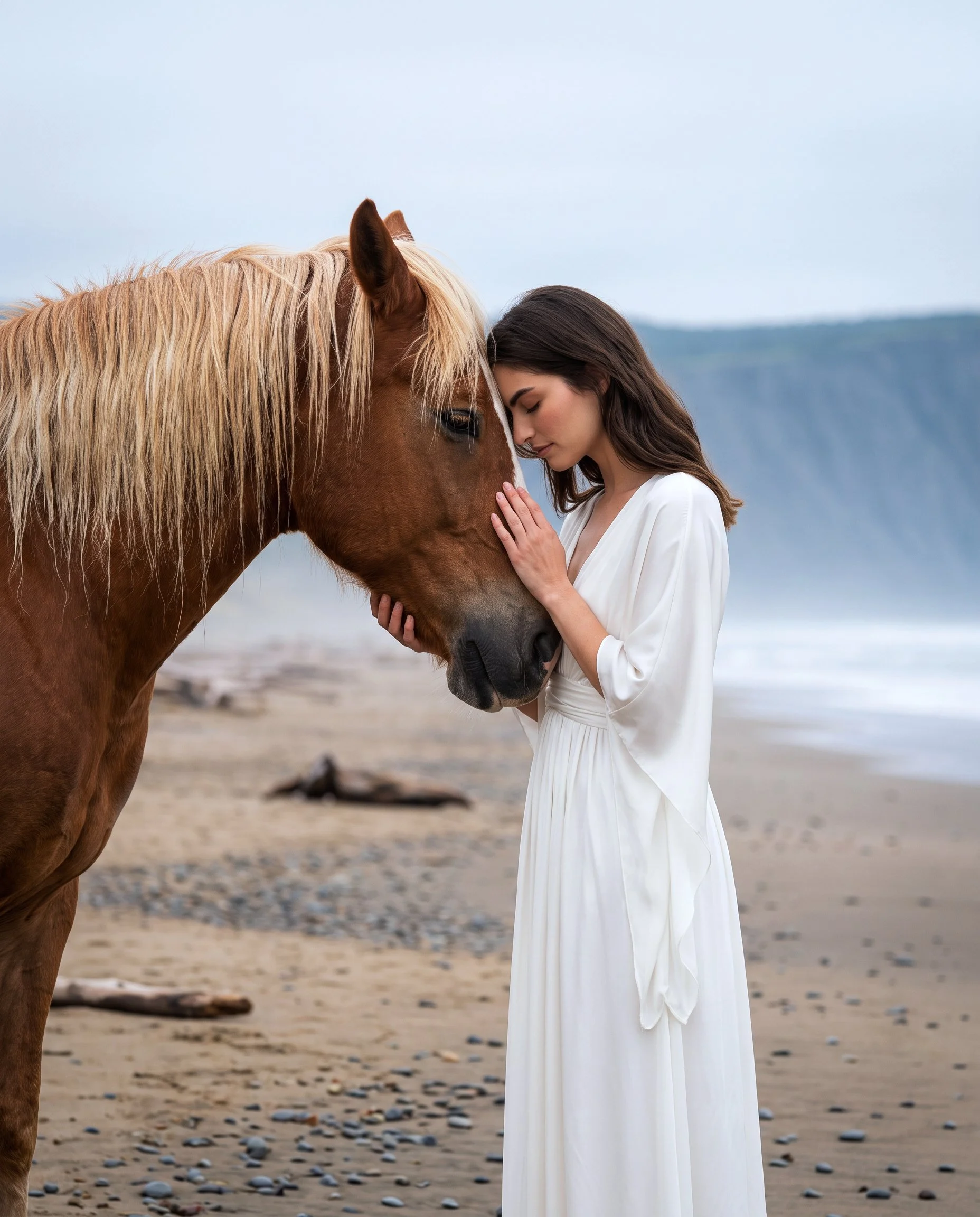 Woman in a flowing white dress resting her forehead gently against a horse on the beach