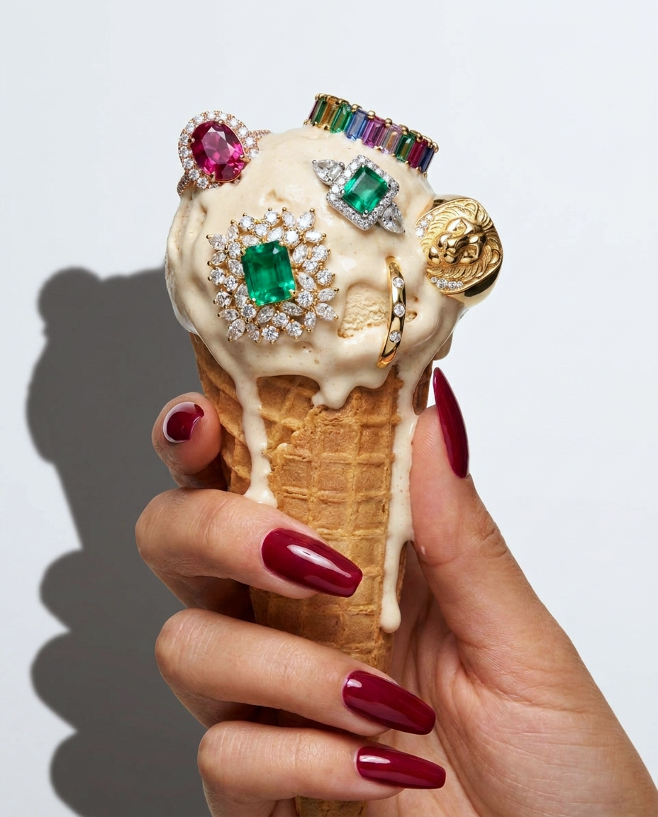 Ice cream cone adorned with luxury gold rings featuring emeralds and rubies.