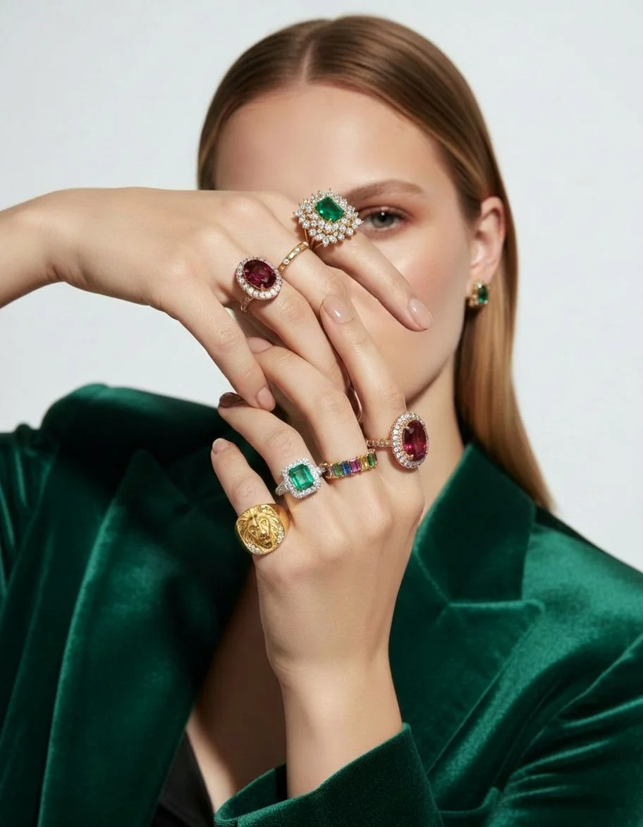 Model in a green velvet blazer displaying high jewelry gemstone rings.