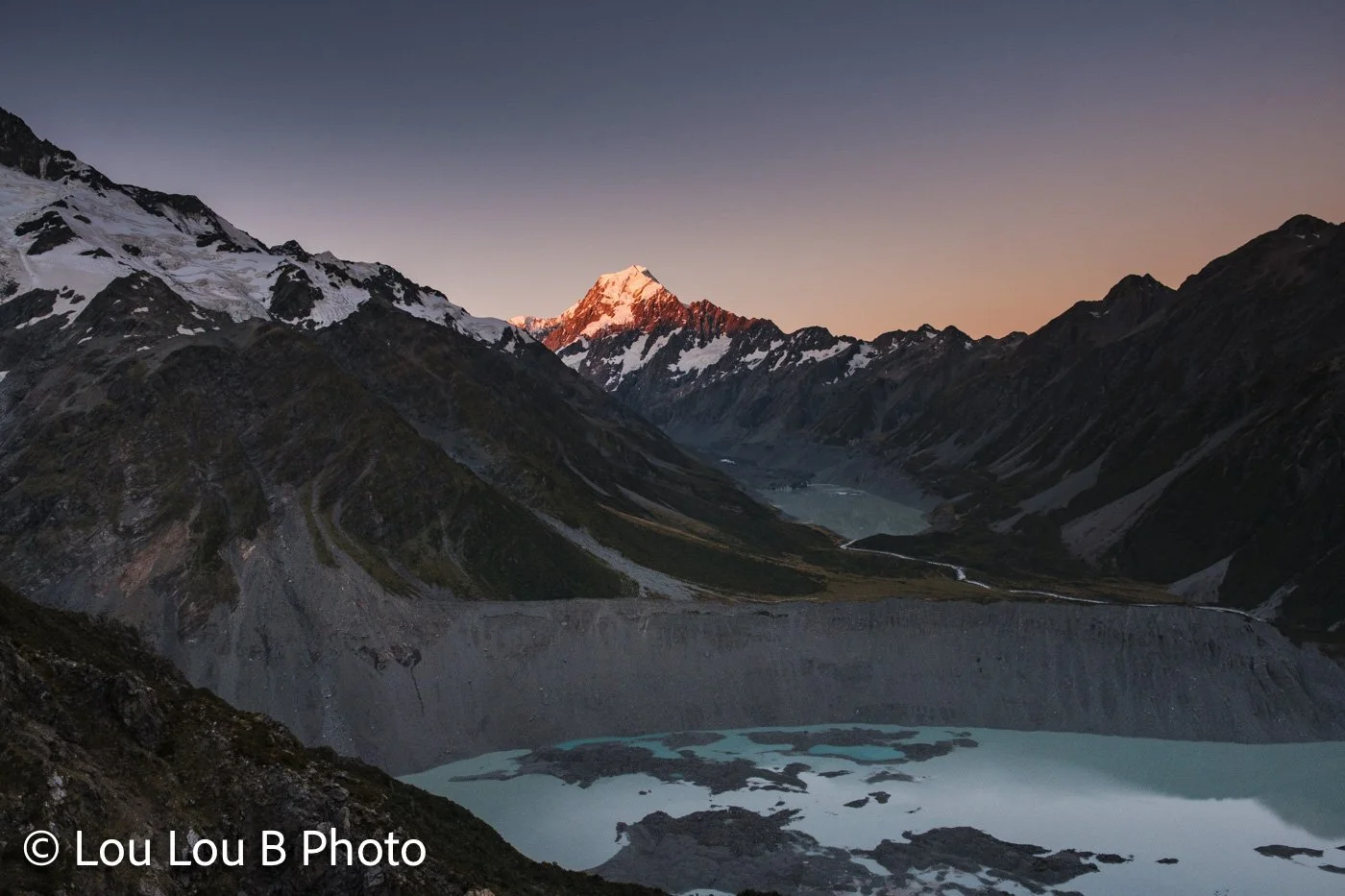 Lake Mueller and Hooker Lake and the Southern Alps at sunset, Aoraki / Mount Cook National Park, New Zealand, photographed from Sealy Tarns lookout
