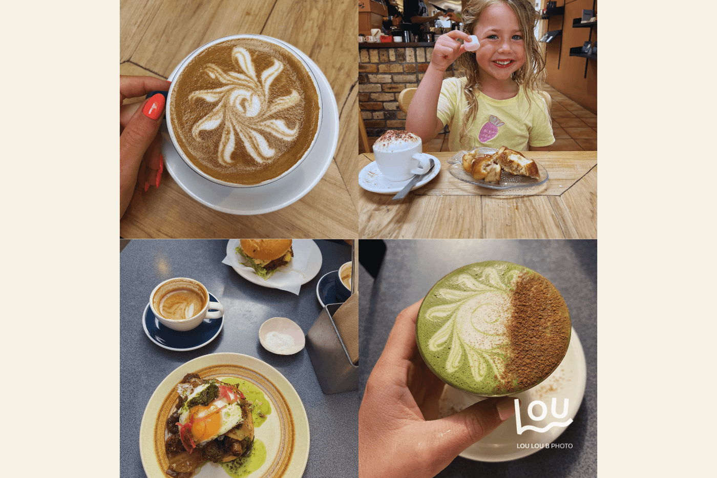 Latte art coffee, matcha latte, brunch plate, and child enjoying a fluffy and pastry at Special Mention café in Mount Maunganui near the beach