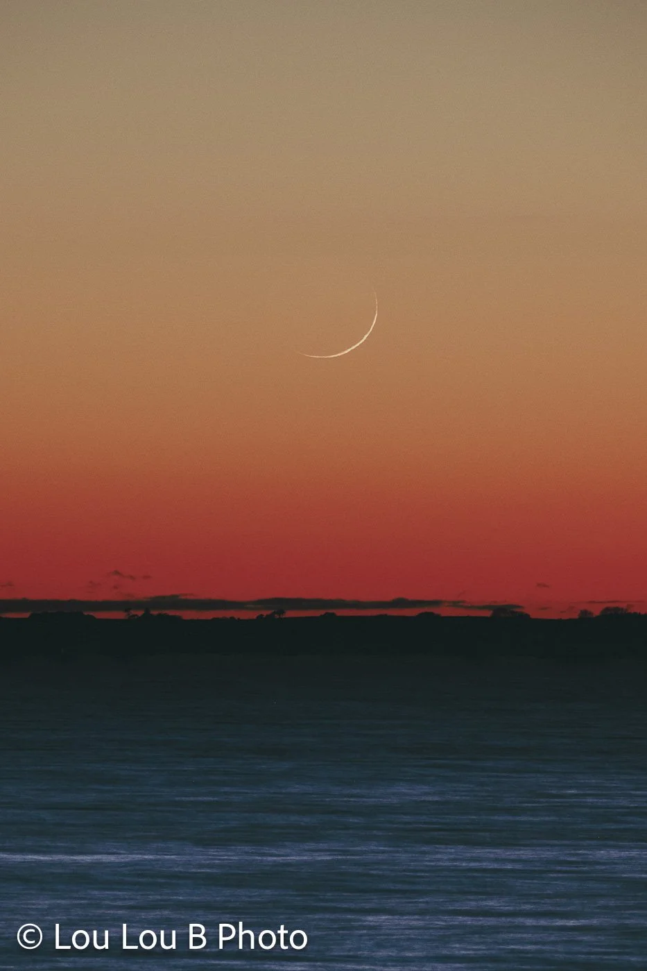 Delicate crescent moon above the ocean horizon in a soft coral, peach and blue sunset sky.