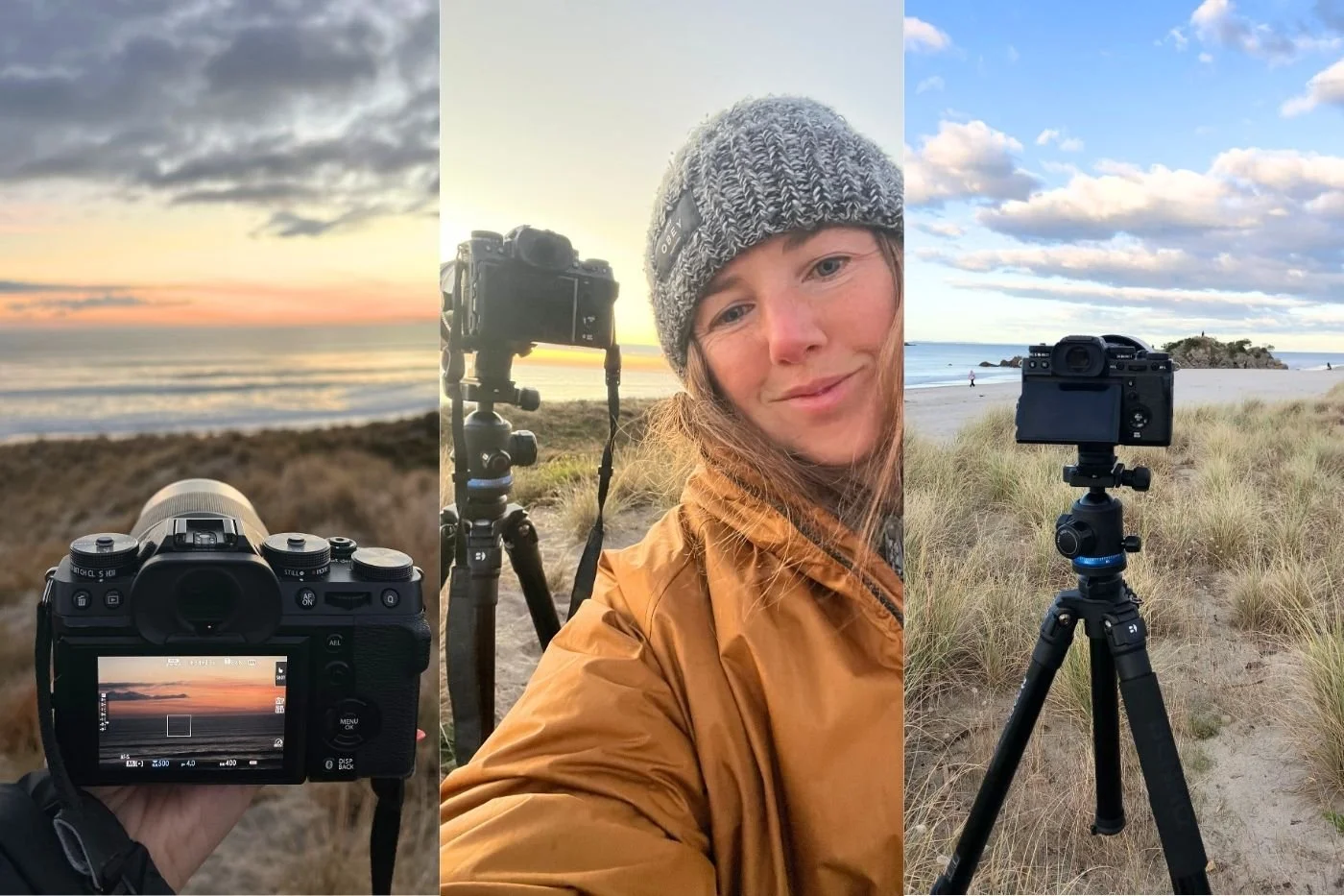 Photographer with camera and tripod set up in coastal dunes overlooking the beach