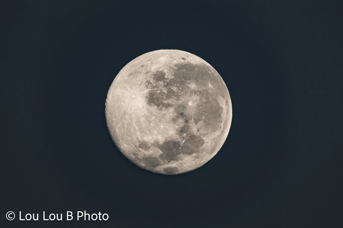 Detailed full moon glowing against a deep blue night sky.