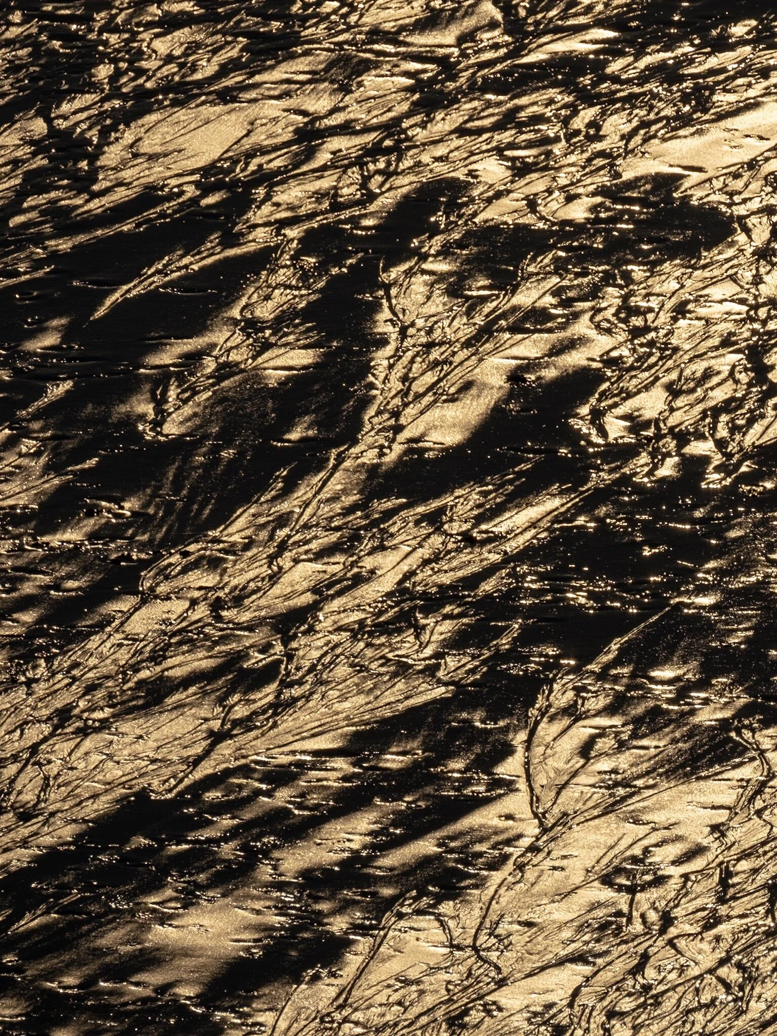 Abstract composition of black sand in Taranaki at sunset, wet parts reflecting golden sunlight, resembling gold leaf. Unique and striking beach landscape image by Lou Lou B Photo. 
