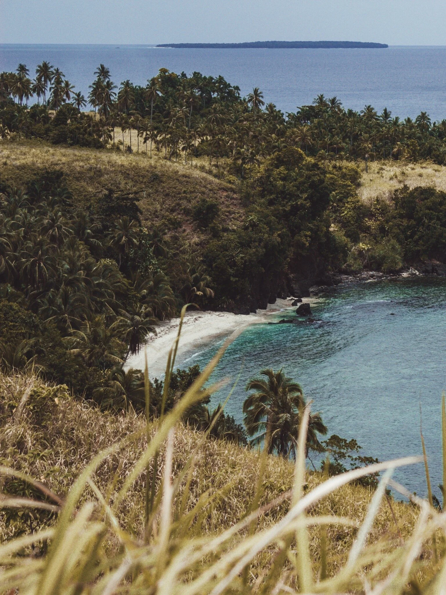 A breathtaking aerial view of a hidden beach in the Philippines. The crystal-clear turquoise water is surrounded by lush greenery and white sandy shores, with no people in sight. The photo was taken from the top of a hill, providing a stunning perspe