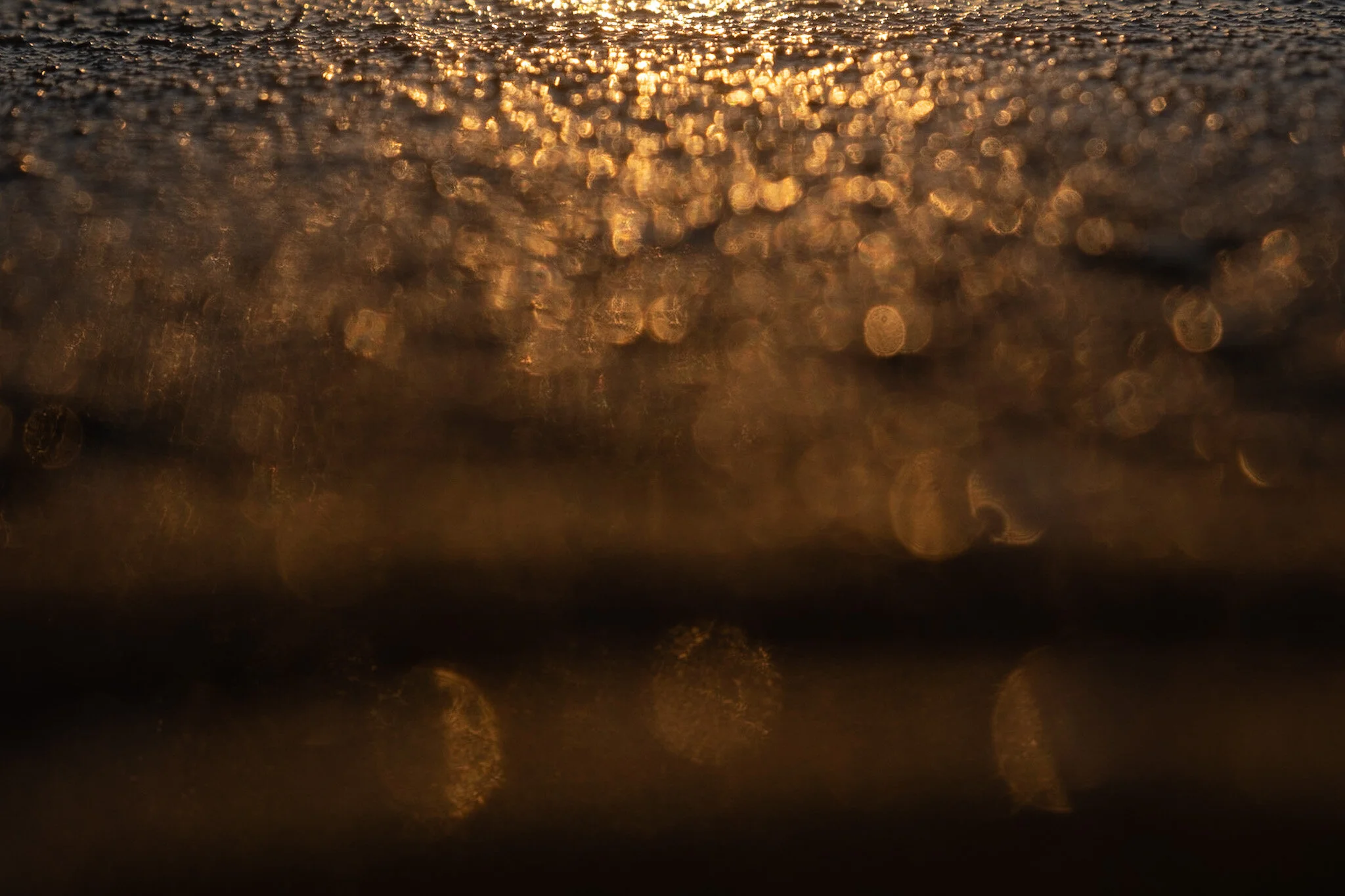 Golden glitter on wet sand at sunrise, abstract beach landscape photo by Lou Lou B Photo. Low level shot capturing the sparkling reflections of the sun's golden light on the wet sand.