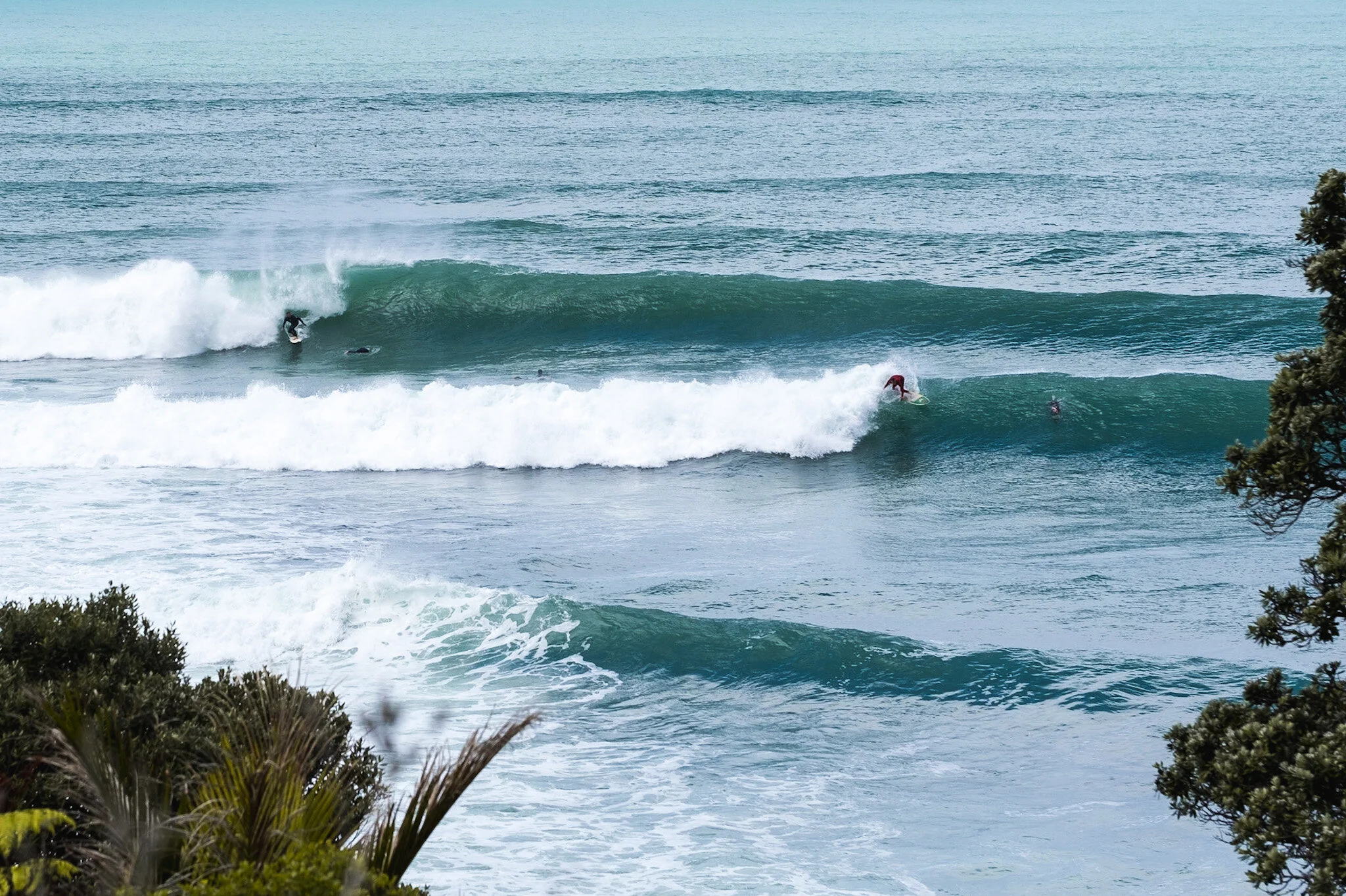 A photo of a secret surf spot in the Coromandel, photographed from the land through bushes, featuring rich turquoise blue water and two surfers on different waves as they roll in off this point break, with subtropical palm tree foliage suggested by a