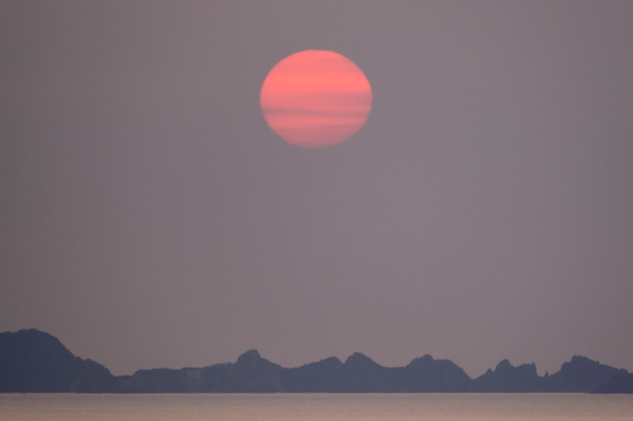 Experience the breathtaking beauty of a neon pink sunrise over rocky outcrops off Hahei in the Coromandel, captured in this stunning photograph by Lou Lou B Photo. The sun appears massive in the composition, casting a vibrant pink hue over the rugged