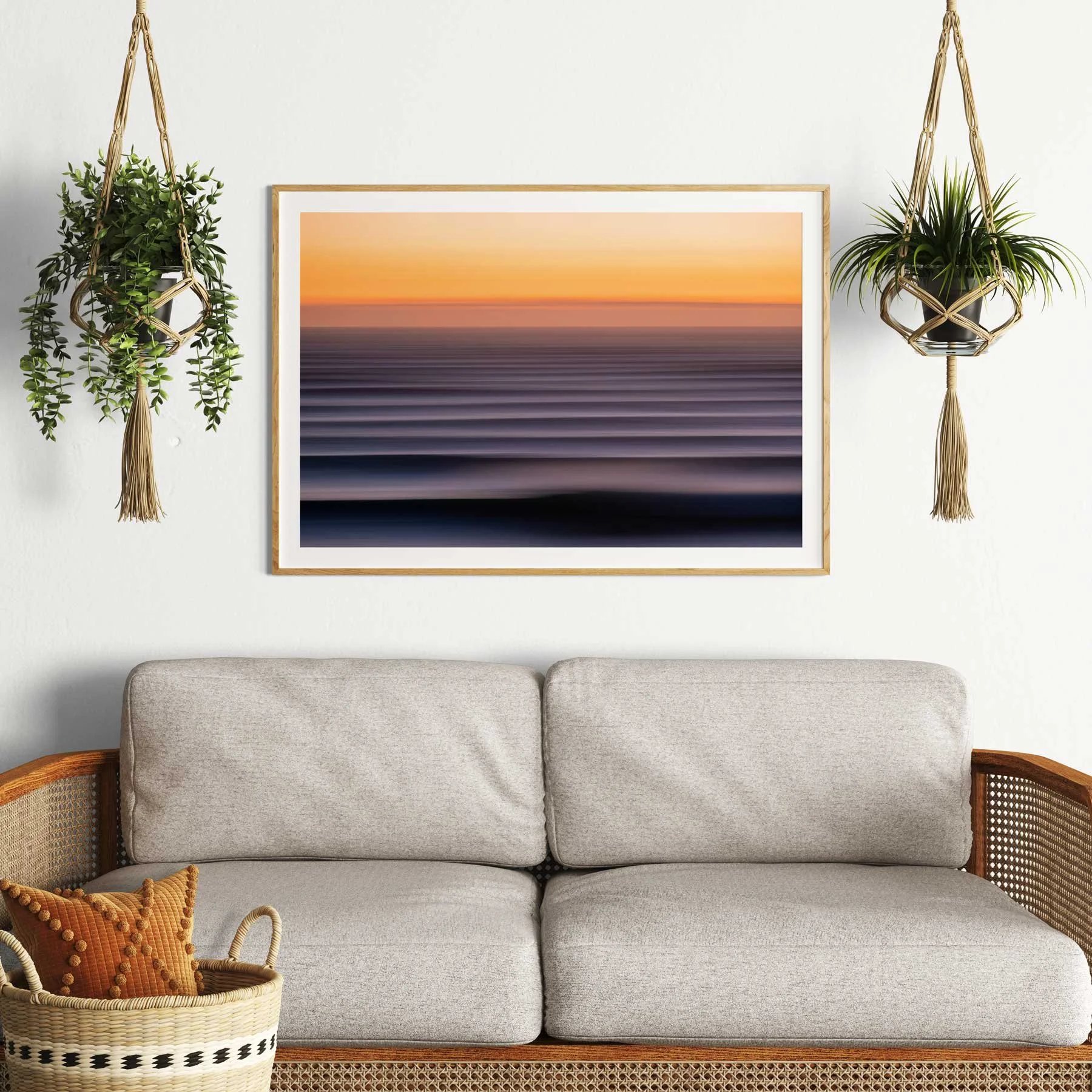 Fine art print of massive cyclone swell waves at blue hour in Mount Maunganui, NZ, adds drama and beauty to a boho-inspired home decor.