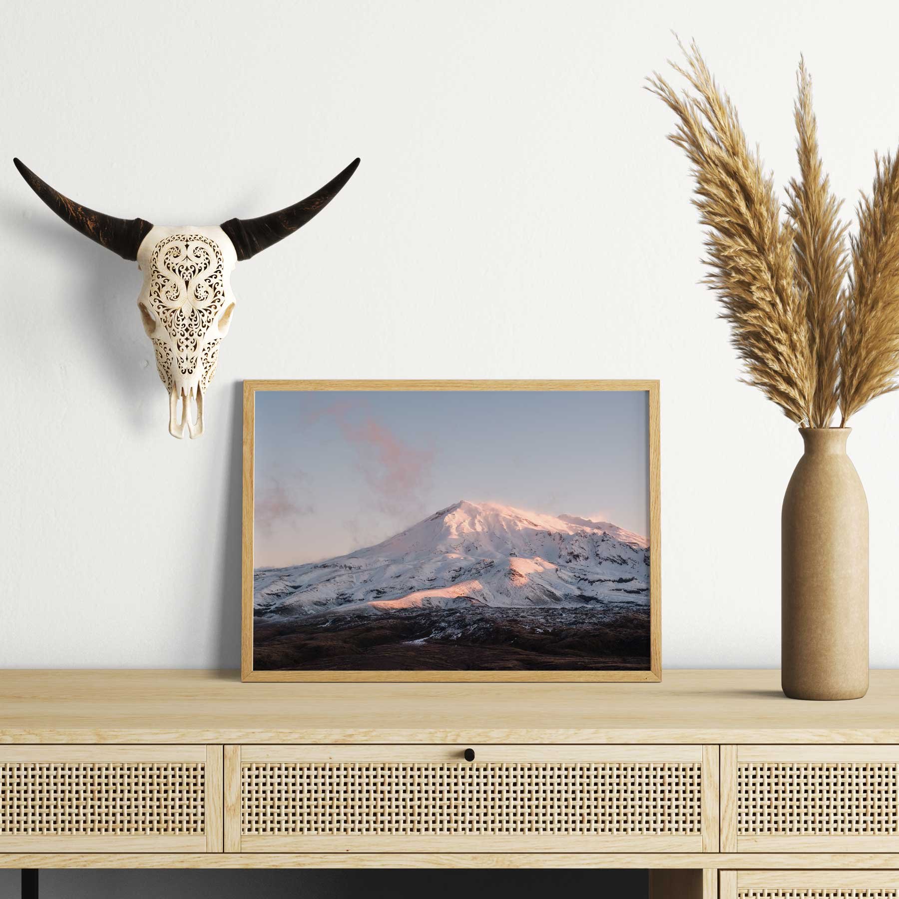 New Zealand Landscape Photography Print of Mount Ruapehu at Sunset in Boho Office