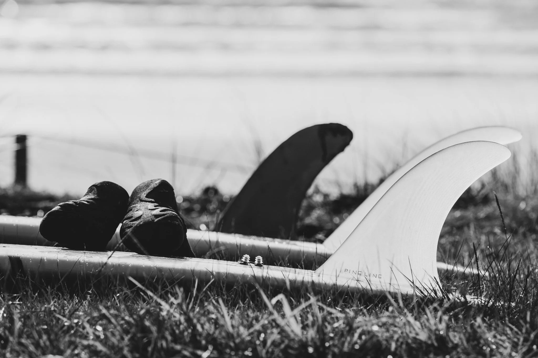 Black and white photo of 3 longboard surfboards' tails and a pair of winter booties resting on top, overlooking the ocean. The fins of each board are visible, showcasing their unique design. A classic surf lifestyle image.